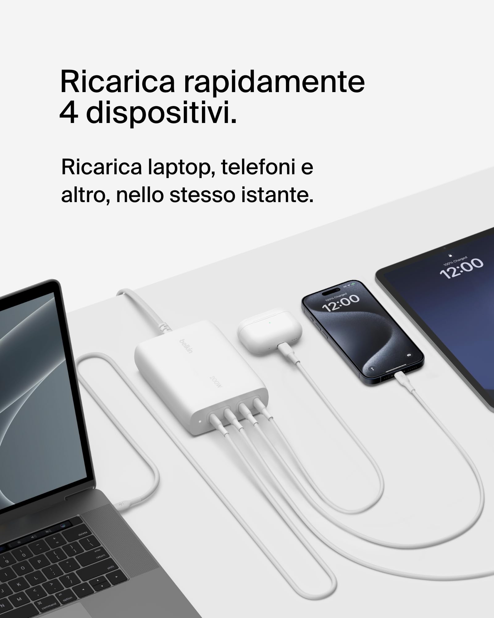Belkin BoostCharge Pro Caricabatteria multiporta da parete GaN 200 W, 4 porte con ricarica rapida USB-C PD 3.1, cavo da 1,5 m, per MacBook Pro, iPhone 16, iPad Pro, Galaxy S24, Google Pixel ecc.