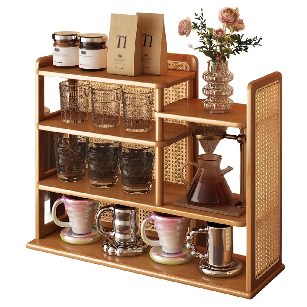 QDZC 4-Tier Wood Coffee Mug Display Rack Plastic Rattan Wooden Cup Holder Countertop Kitchen Storage Shelf Spice Jar Organizer for Home Office Coffee Station Bar 50cm