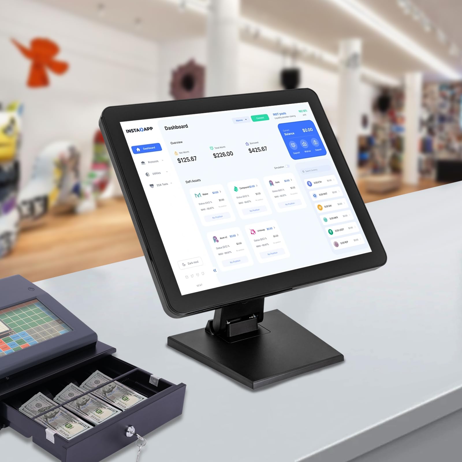 Système de caisse tactile à dix points, caisse enregistreuse pour la restauration et le commerce avec écran capacitif de 17 pouces, réglable et pliable, compatible avec plusieurs systèmes