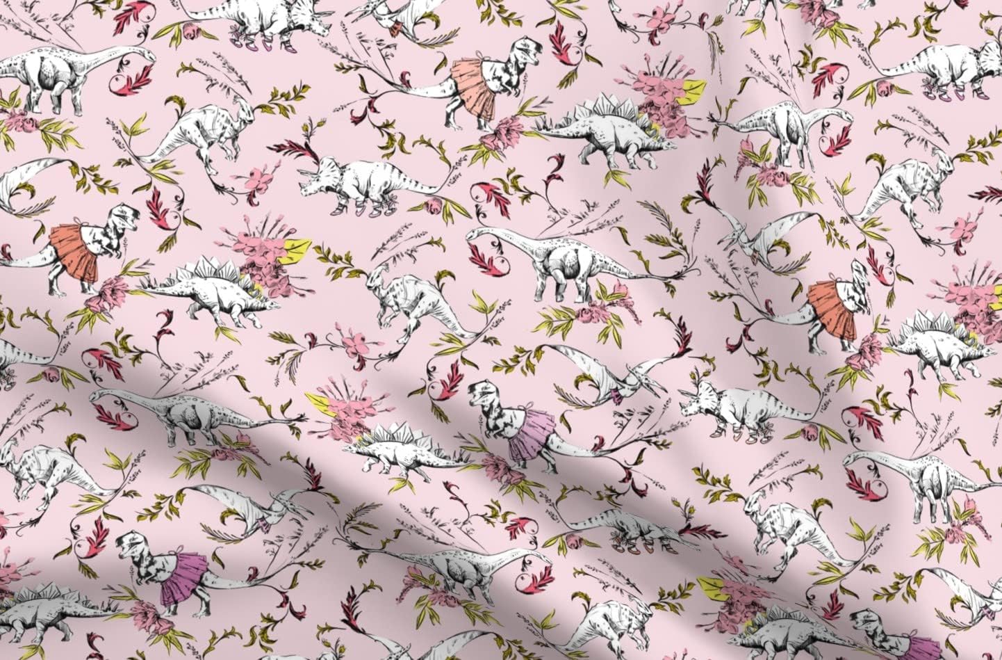 Spoonflower Fabric - Dinosaurs,Floral,Flowers,Botanic,Tutu,Ballet,Hand Drawn,Pink,Gold,t Printed on Organic Cotton Sateen Fabric by The Yard - Sewing Quilting Apparel Home Decor