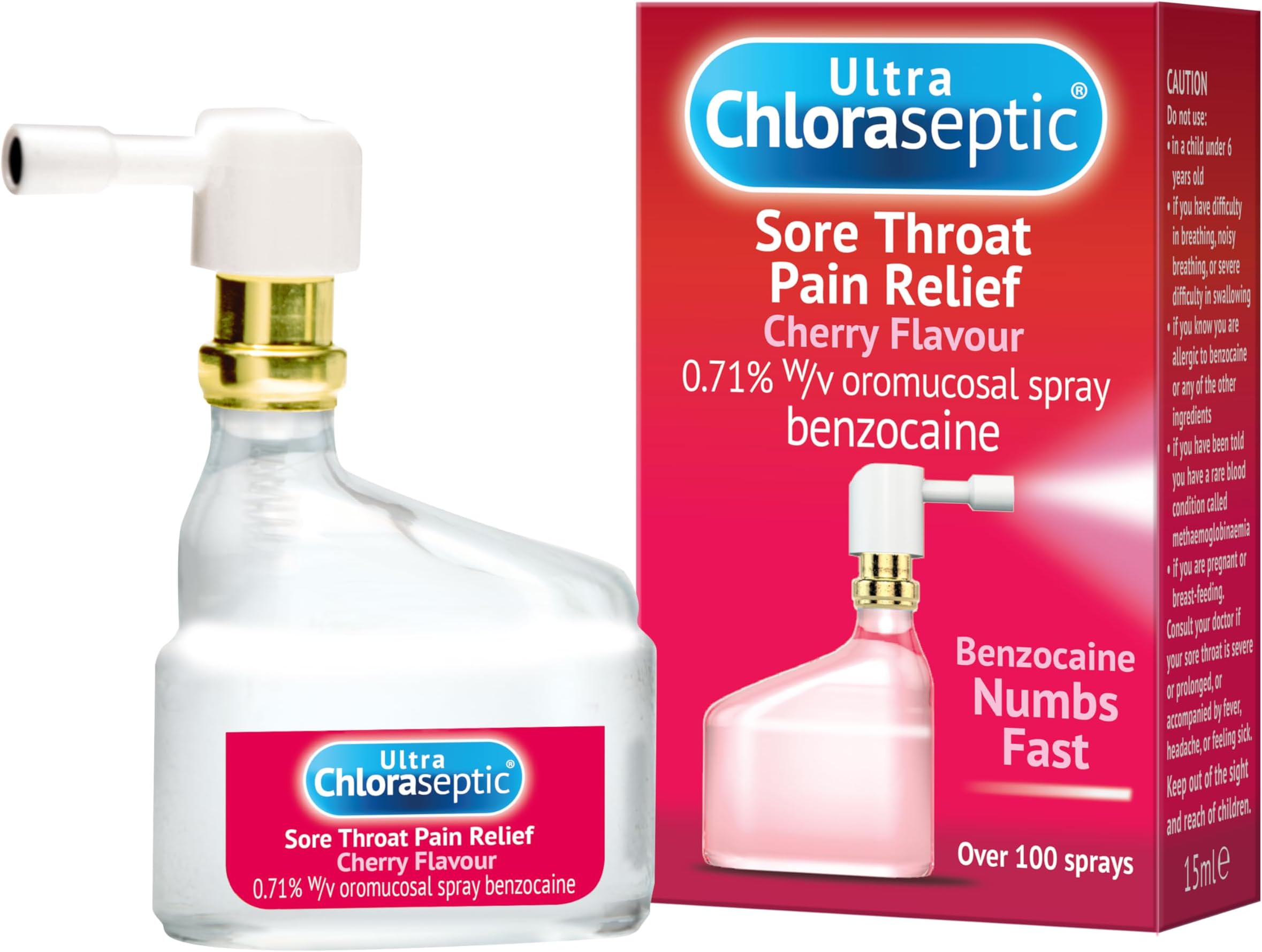 Ultra Chloraseptic Sore Throat Pain Relief Spray, Cherry Flavour, Fast acting relief for sore throat pain, 15ml
