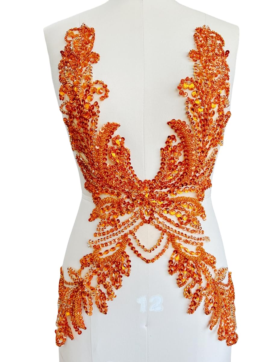BDACY.HCMYPure Hand Sewing Beads appliqués sew on shin Rhinestones Sequins Trim Patches Accessories for Wedding Party Evening Dress 31X16in (Orange)