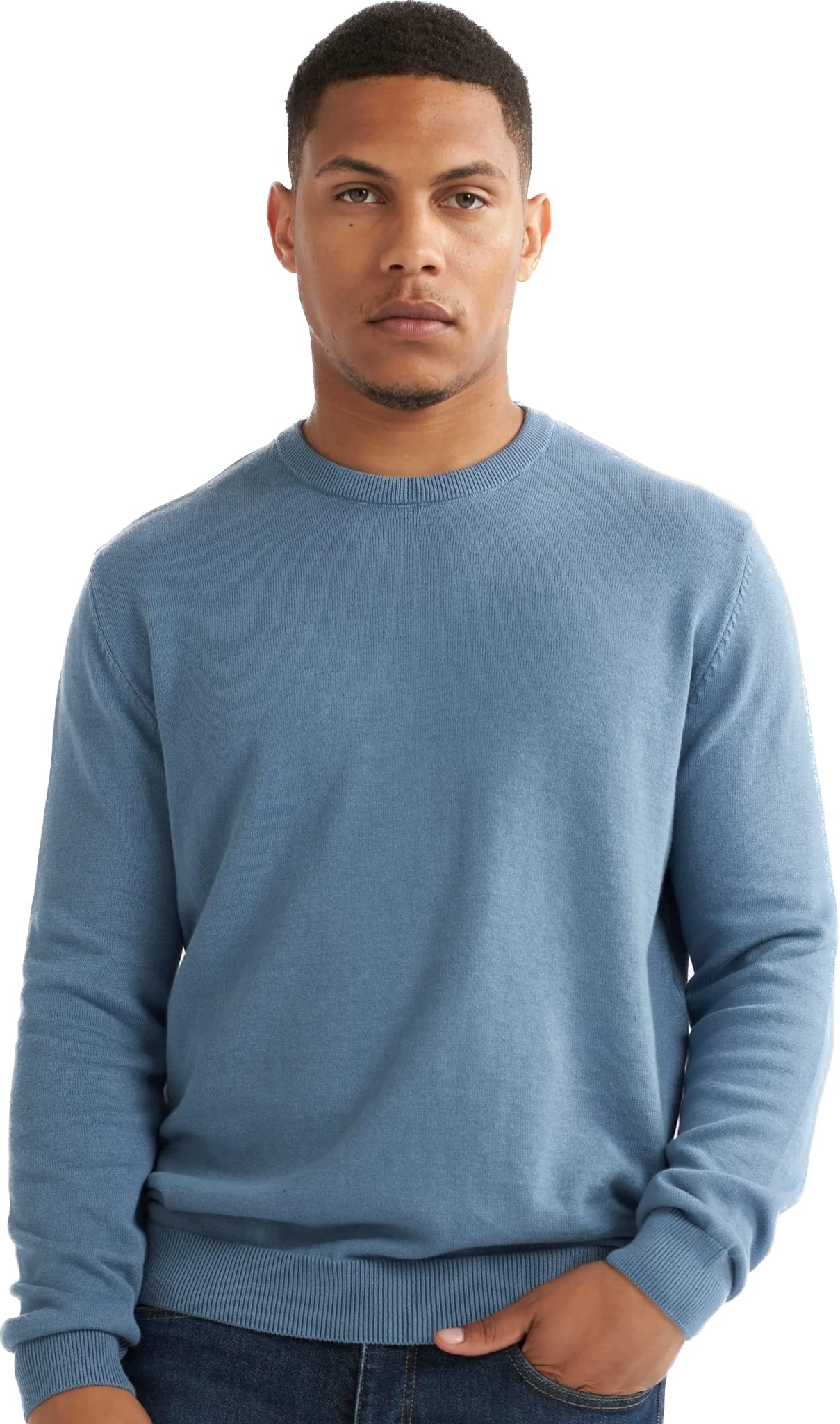alsestudio Men`s Crewneck Jumper 100% Cotton Premium Quality Soft Touch Long Sleeve Pullover Essential Style Knitted Sweaters for Men Blue-Small