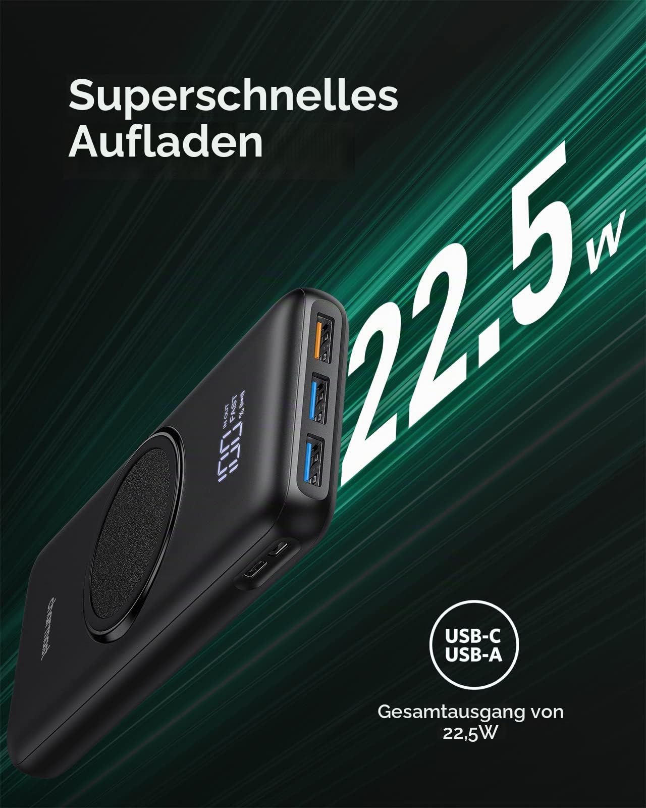 Charmast Power Bank Wireless 15W 20000mAh, 22.5W USB A & 20W USB C