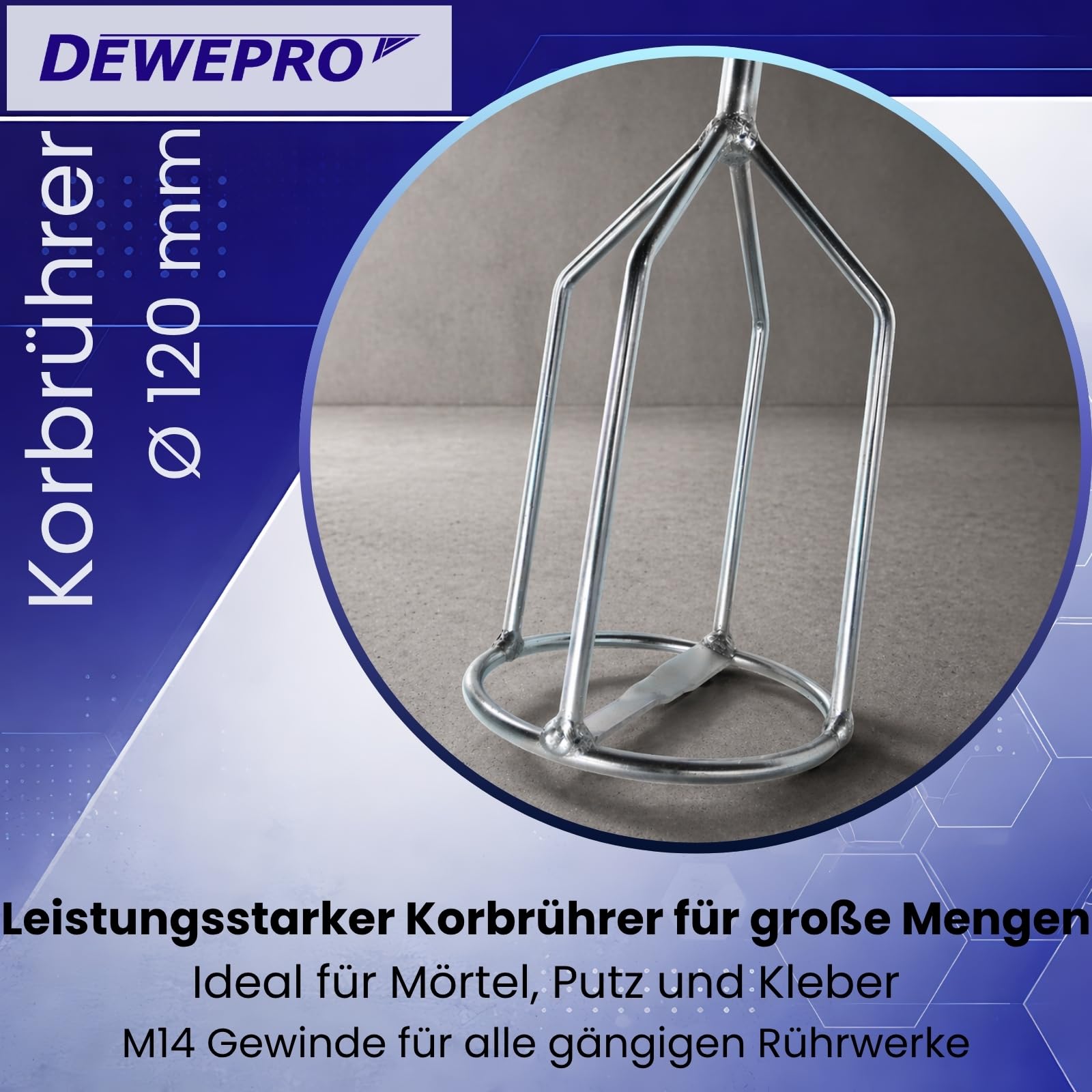 DEWEPRO® Mélangeur à Cage Ø120 mm avec Raccord M14 – Longueur 600 mm – Compatible Perceuse et Visseuse – Idéal pour Mortier, Colle, Peintures, Enduits et Mastics – Robuste et Anti-Corrosion