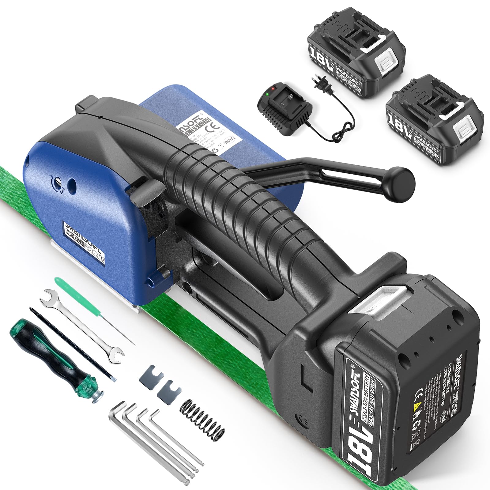Swansoft Máquina de Flejado Eléctrica para Flejes PP/PET de Ancho 13-16mm, Herramienta de Flejado Automática con 2 Baterías de 5000 mAh, Herramientas de Bandeo Semiautomáticas Portátiles