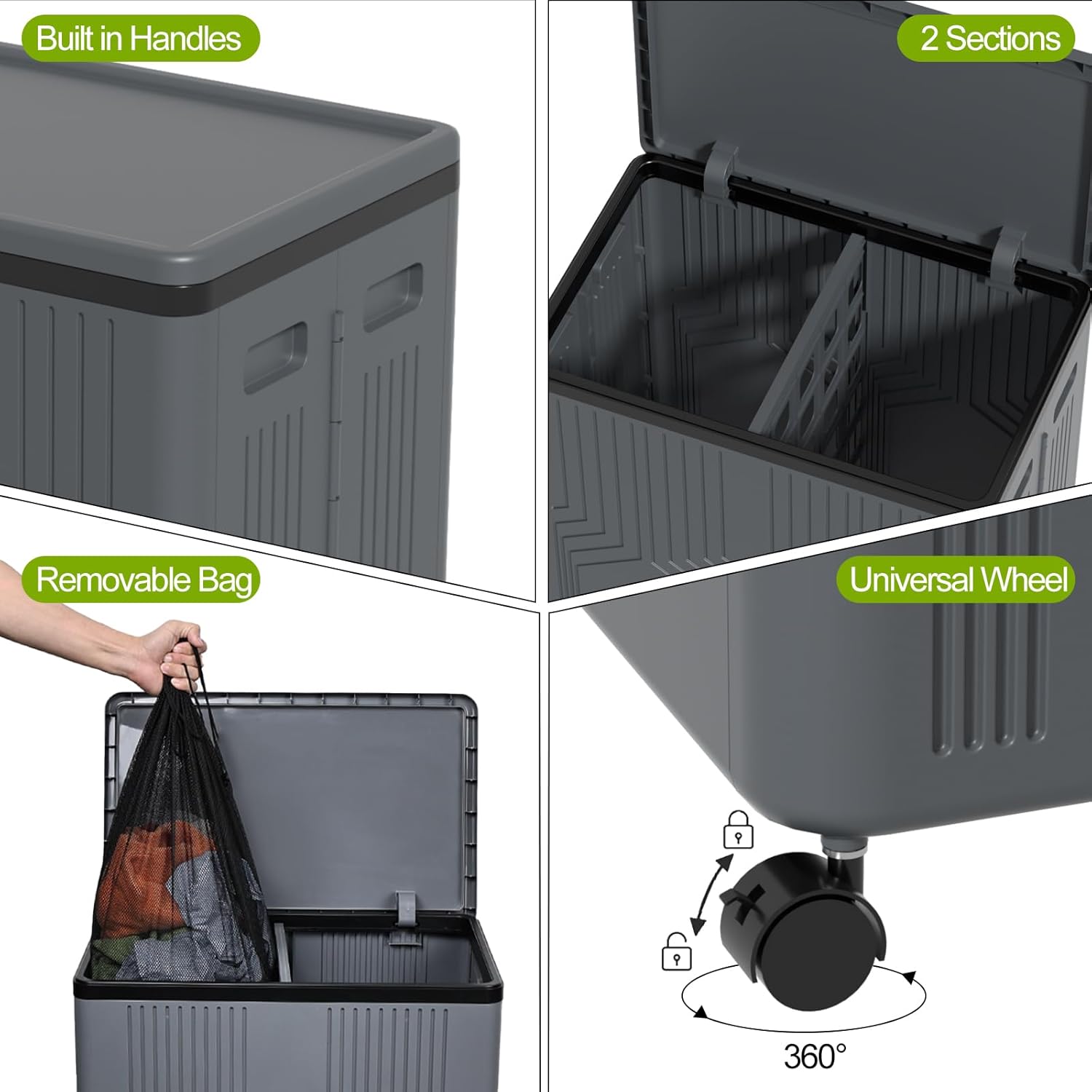 Farmoon 120 L Plastic Foldable Double Laundry Hamper with Wheels and Washable Laundry Bags, Gray, 1 Pack