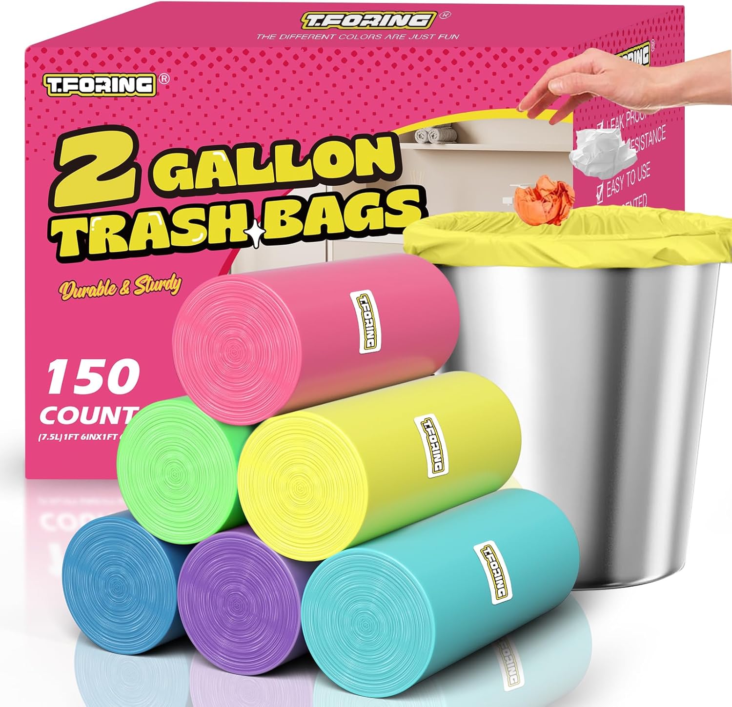 Mini Trash Bags 2 Gallon – 150 Count Small Garbage Bags Unscented,7.5 Liter Colored Plastic Trash Can Liners,Thick Waste Basket Liners for Bathroom Home and Office