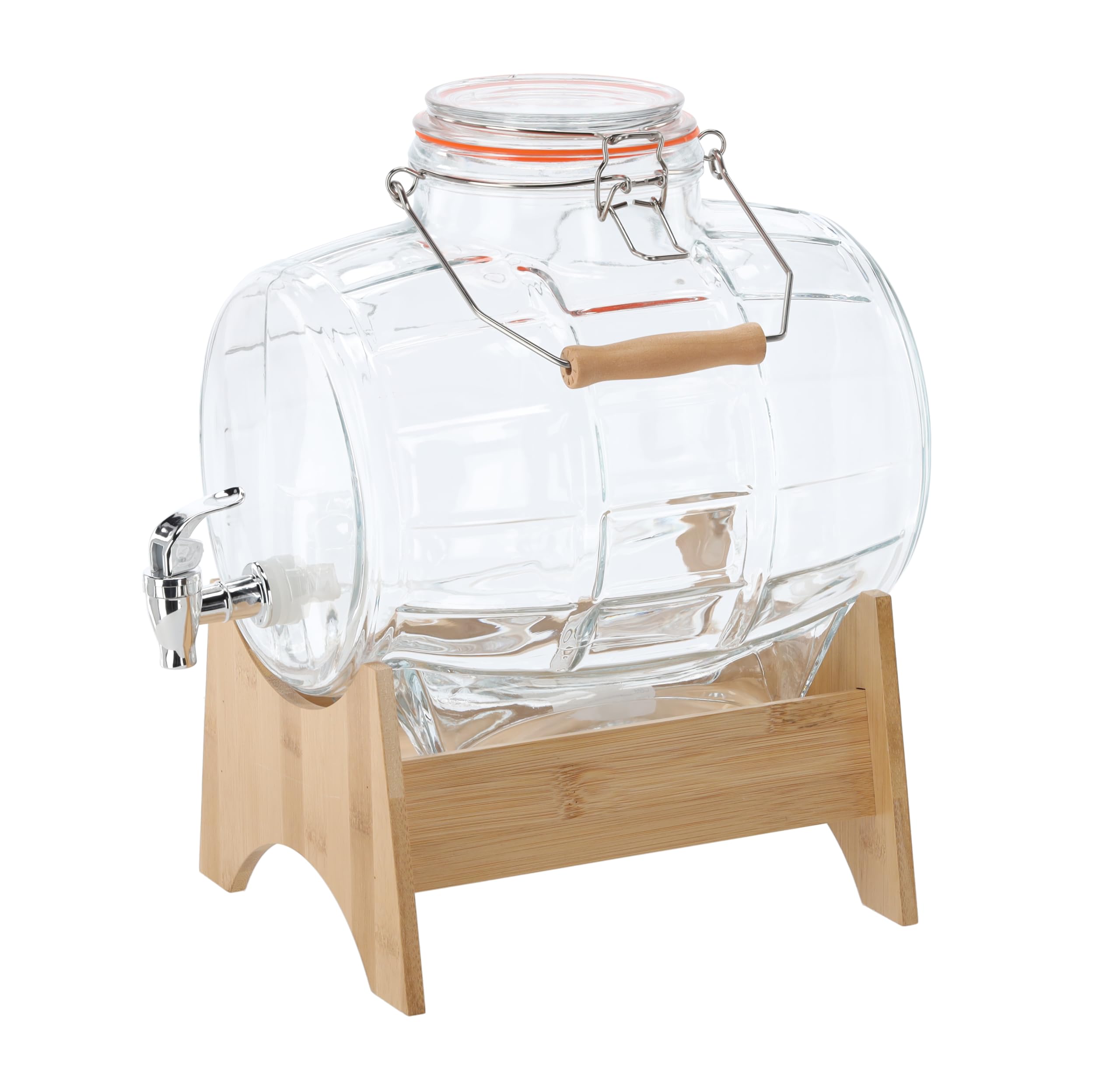 Fässchen mit Holzständer Weinfass Fass Mit Hahn Schnapsfass Whiskyfass Karaffe Getränkespender aus Glas Spender mit Holzuntersatz, Alkoholspender Glasfass mit Zapfhahn (8L)