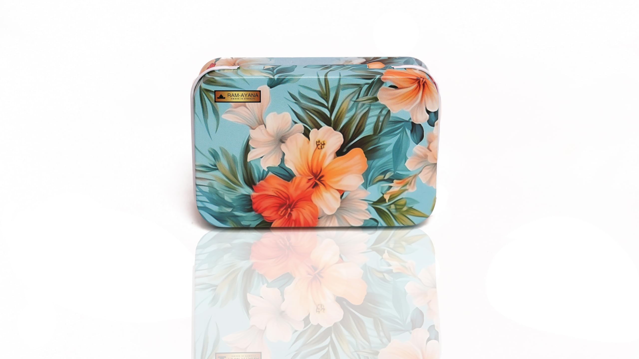 Sky Blue Floral Metal Storage Tin Box (6.3x 2.8x9.4 cm) with Lord Ram Inscription | Elegant & Spiritual Decorative Organizer