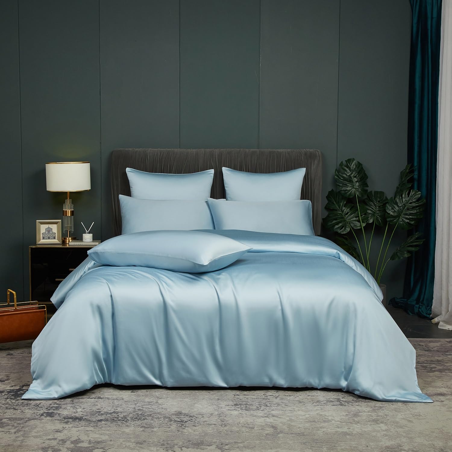 Biancheria da letto in bambù, 135 x 200 cm, 4 pezzi, blu, azzurro, estate, inverno, raffreddante, in fibra di bambù Lyocell lucido, set di biancheria da letto e federe 80 x 80 cm