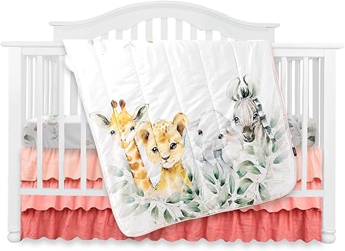 Juego de ropa de cama para cuna, 3 piezas, manta de minky, juego de falda de cama para bebés niñas y niños (bosques africanos)