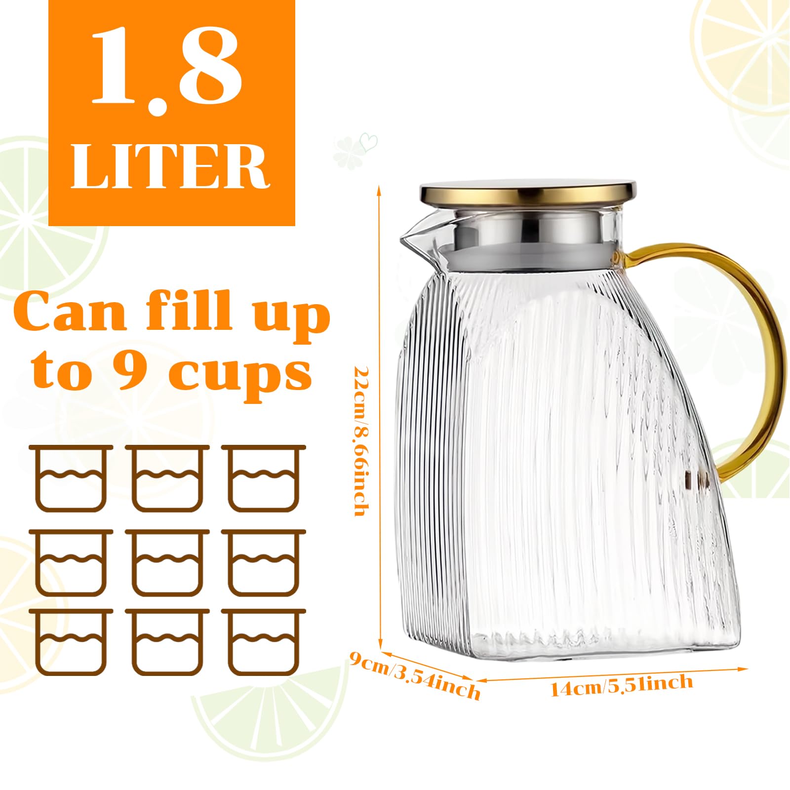 Pichet à Eau en Verre Borosilicate 1,8 L avec Couvercle et Anse, Carafe pour Boissons Chaudes & Froides
