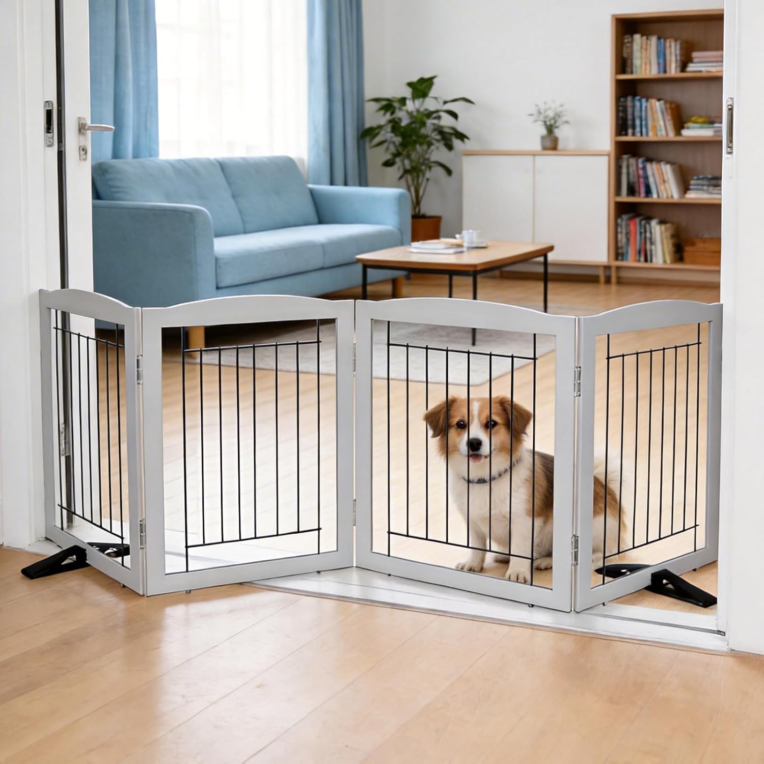 ZJSF Freestanding Dog Fence Indoor, Foldable Dog Gate for Doorways, Stairs or Hallways, Sturdy Wood Extra Wide Pet Gate with Support Feet for The House, Grey, 24 "Height-4 Panels