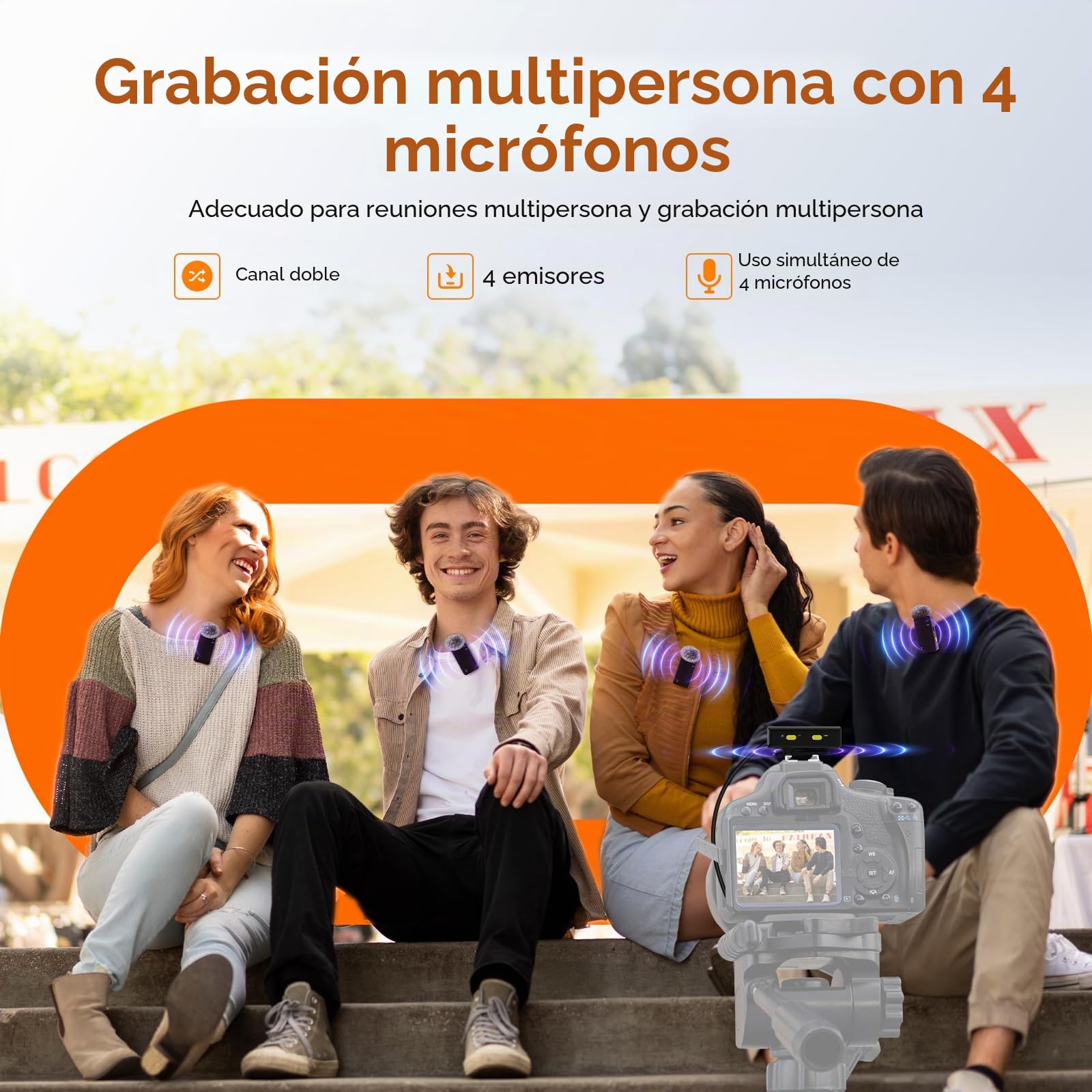SVBONY SVMic D4 Micrófono Solapa 4 Pers para Videos Grupales y Entrevistas | Compatible con iPhone Android Cámara, Pista de Seguridad, Alcance 200m, Reducción Ruido 2 Niveles, Soporte Magnético