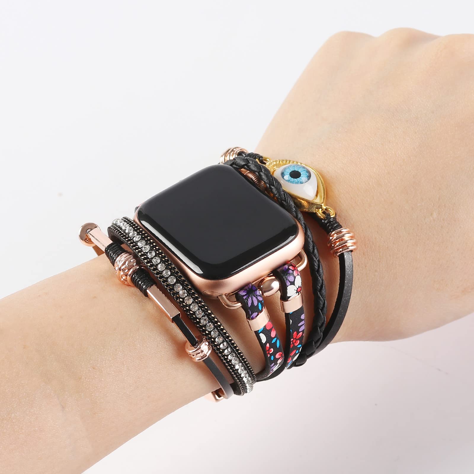 Posh skórzana bransoletka, paski kompatybilne z Apple Watch Band 38 mm, 40 mm, 41 mm, boho, ręcznie robiona biżuteria, wielowarstwowy pasek do smartwatcha, opaska na nadgarstek do iWatch serii SE, 7