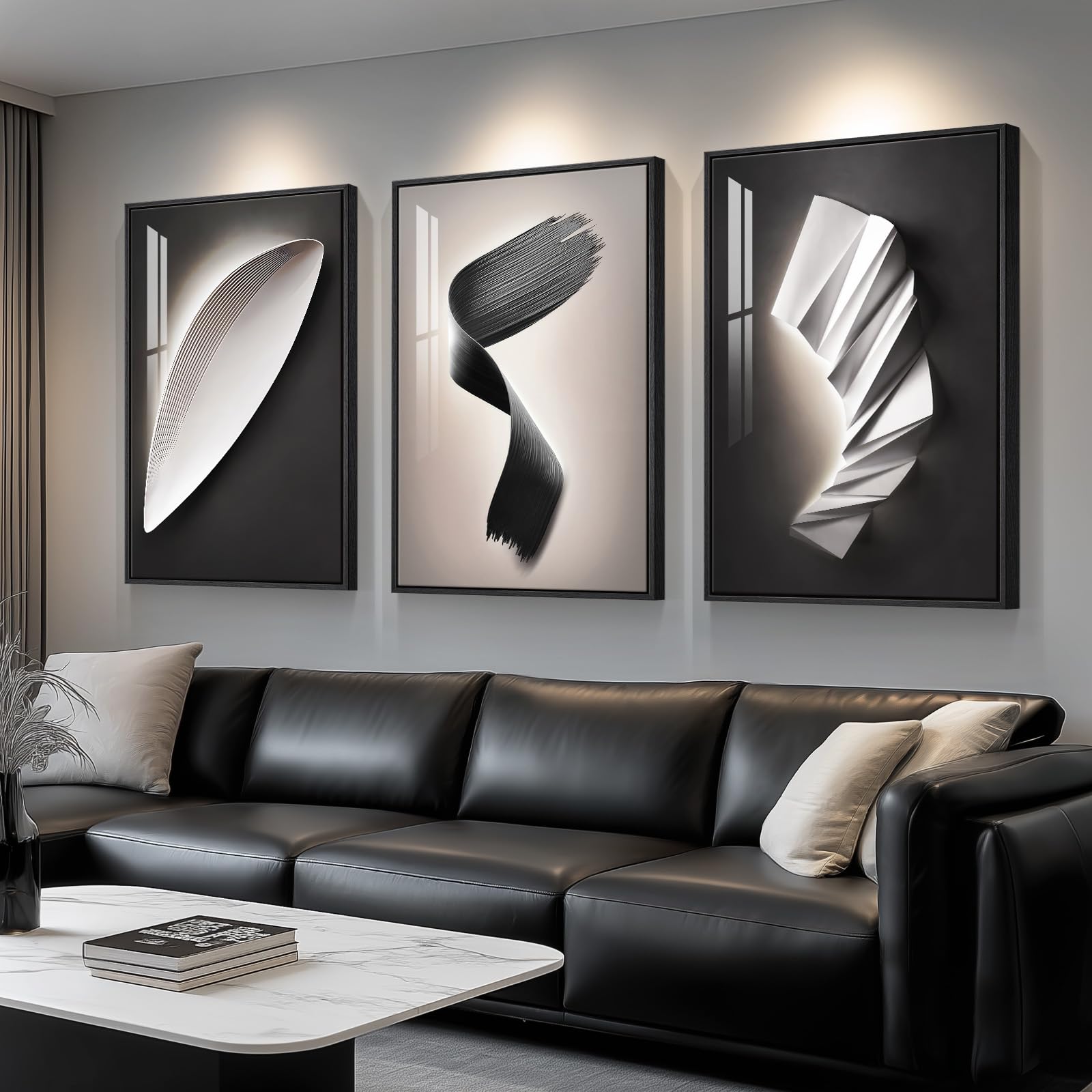 large framed modern wall art 3 piece set, black and white abstract paintings artwork decor, contemporary geometric luxury bright style pictures prints for living room hallway and office 24x36 inch