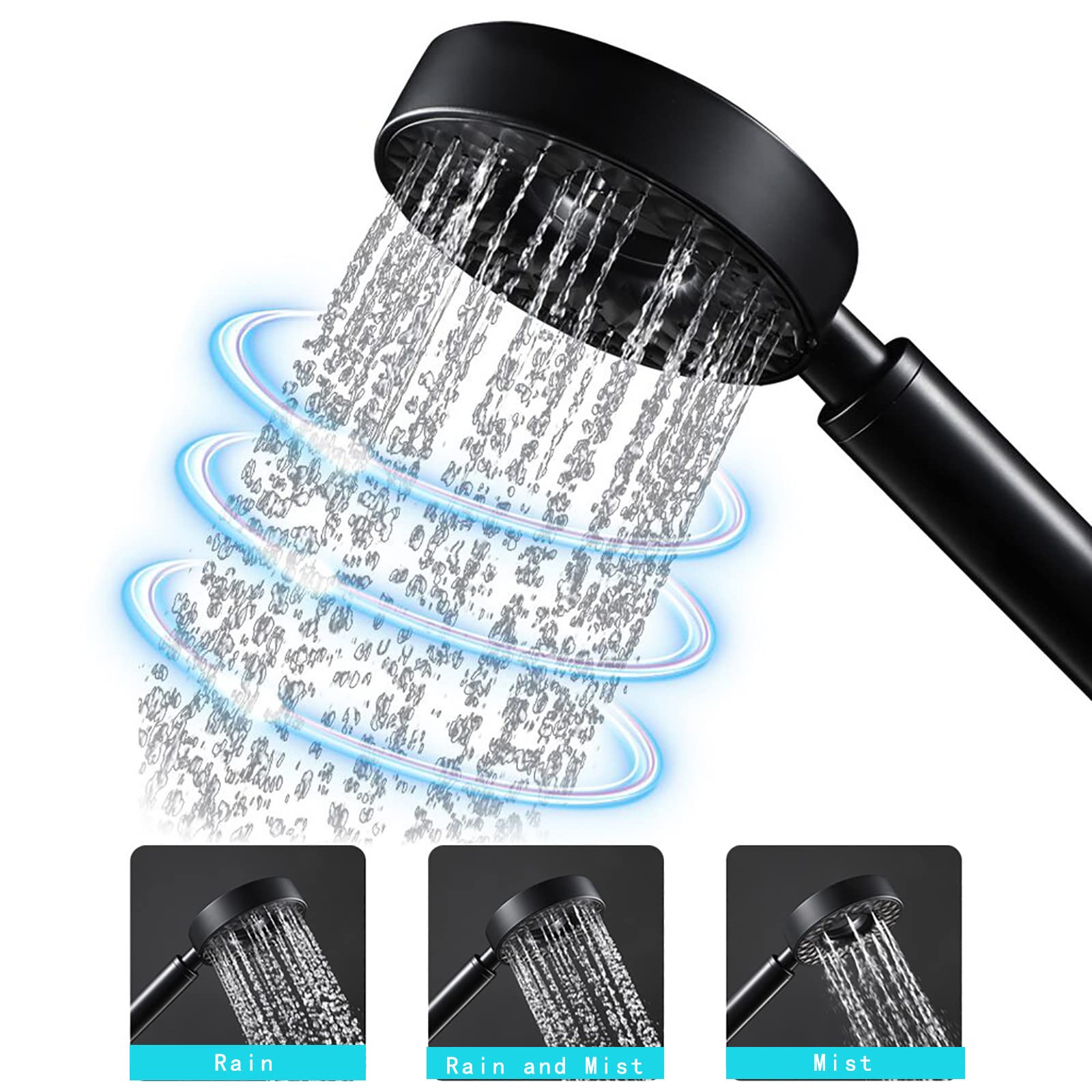 Alcachofa Ducha Alta Presión 3 Modos, ABS Antical Alcachofa de Ducha de Mano con Manguera 1.5M, Soporte, G1/2 Ajuste Universal Negro Mate Duchas de Baño Alcachofa, Fácil de Instalar