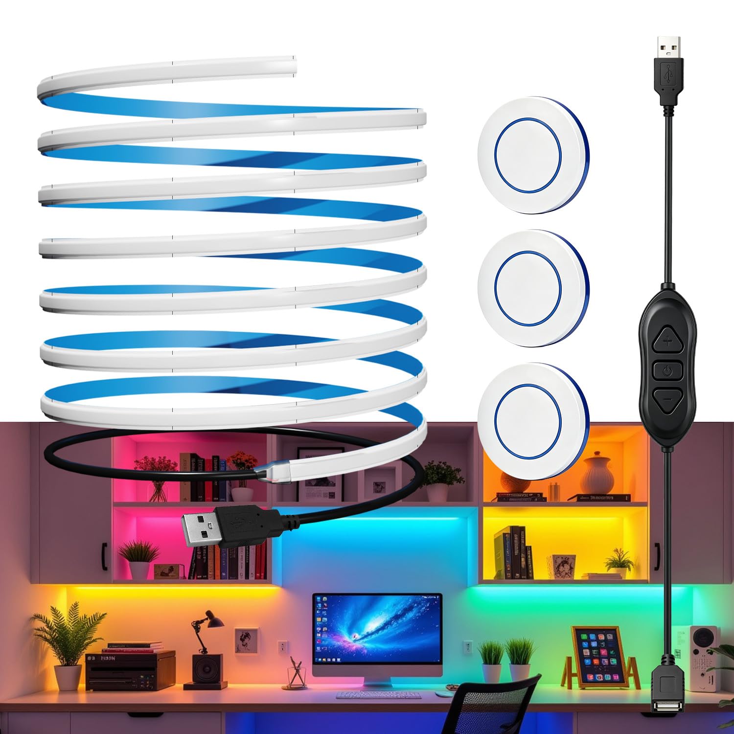 MDee 5V USB COB LED Strip with 3 Remotes, Dimmable, Blue, 2M