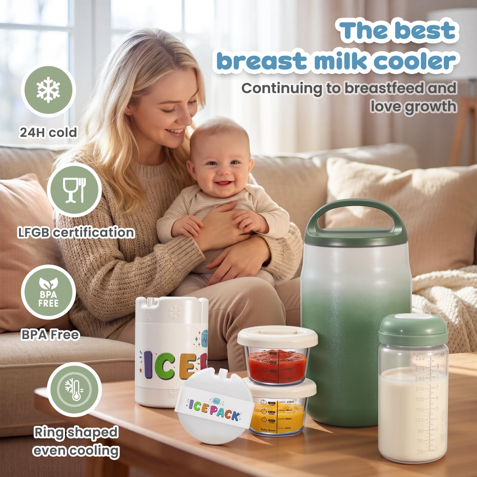 Enfriador Portátil Leche Materna 800ml, Refrigeración 360° 24h, Biberones 325ml sin BPA, 2 Recipientes Comida Bebé 120ml, Apto Lavavajillas, para Bebés Adultos Viaje Trabajo Exterior, Verde