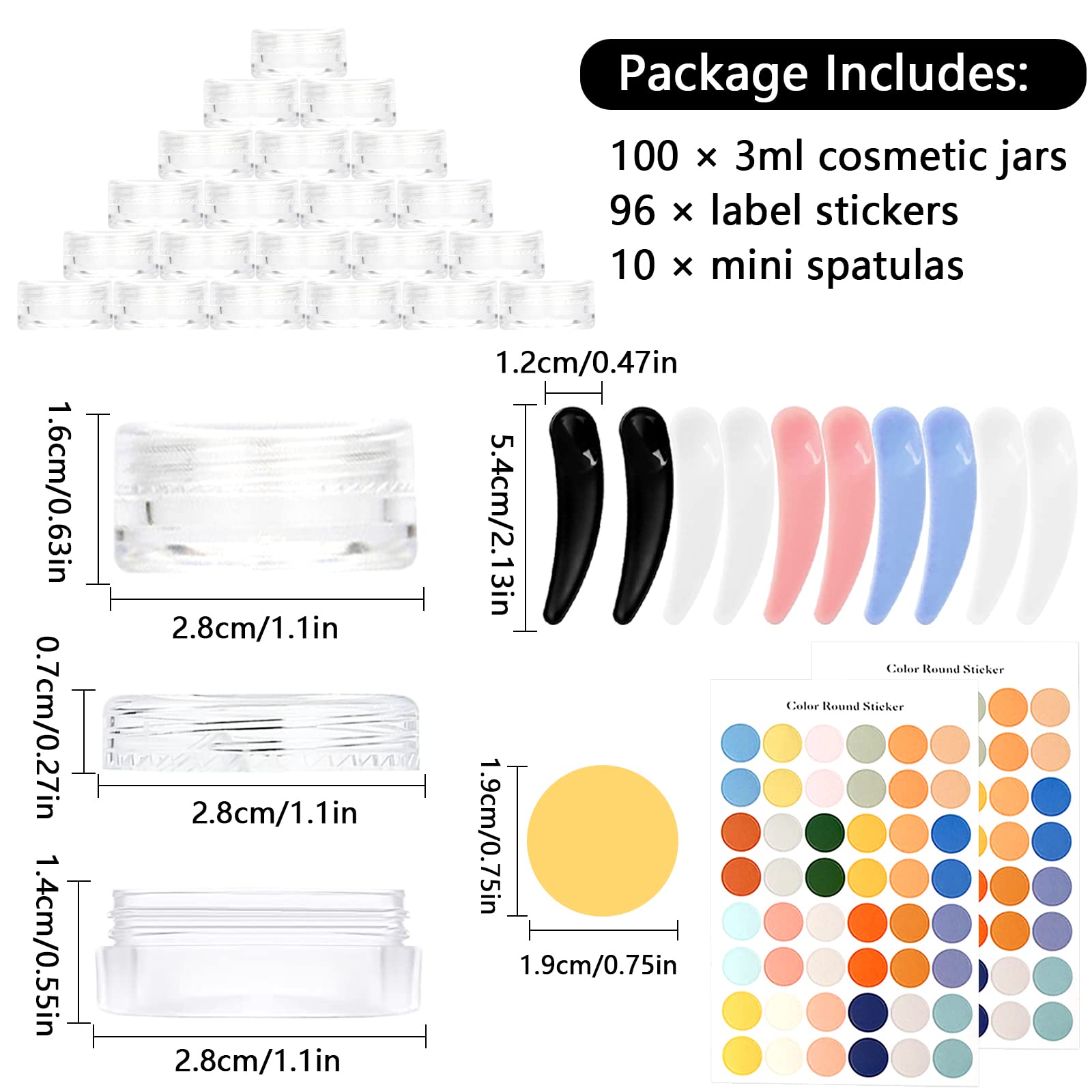 RUIJIE 100 Pezzi Vasetti Plastica 3g/3ml Contenitori Piccoli Barattolo Cosmetici Vuoto Viaggio Contenitore Cosmetico con 10 Mini Spatola & 96 Etichetta per Crema Balsamo Labbra Campione Trasparente