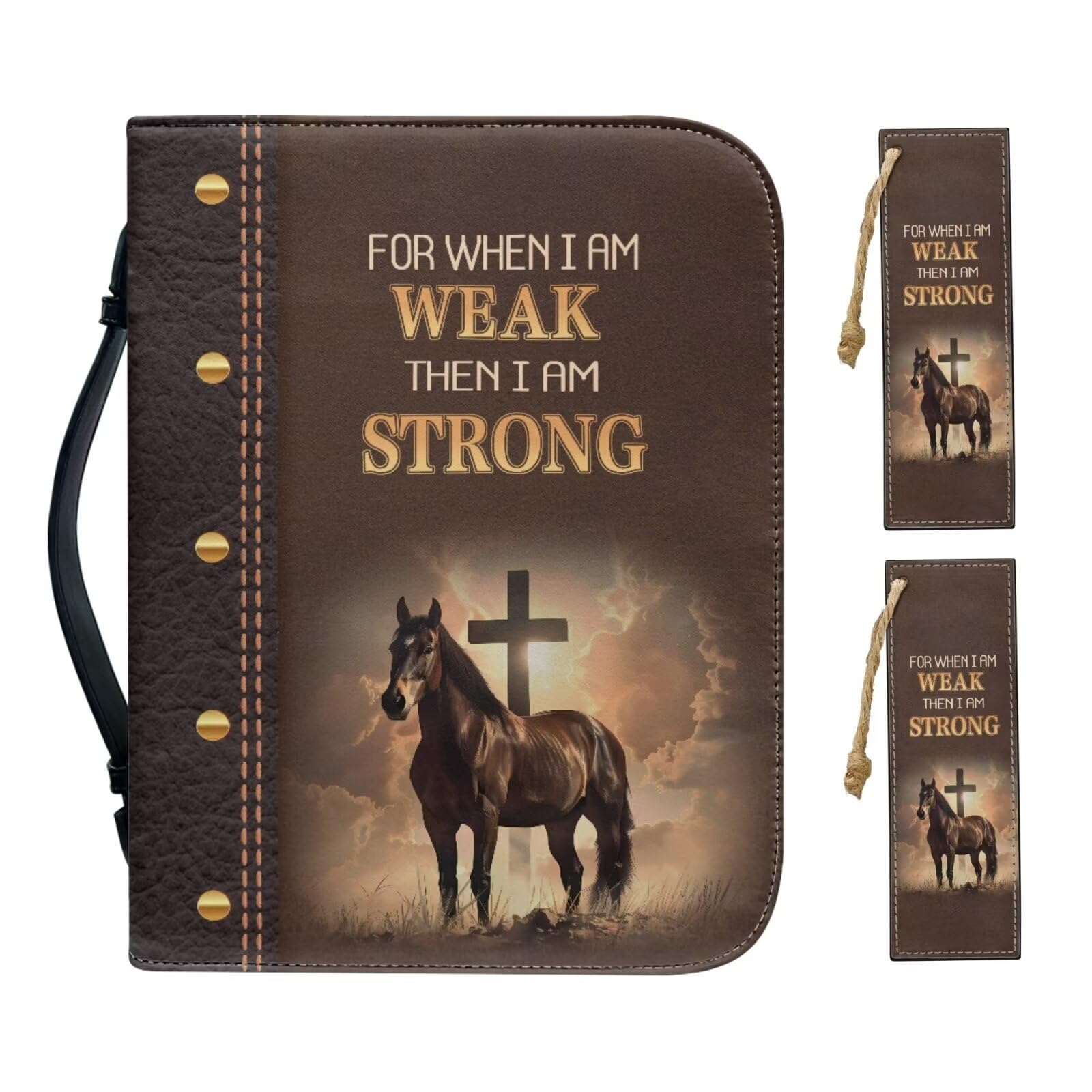 Cadowhimsy Strong Horse Cross Brown Print Faux Leather Bible Covers for Women Men Book Carrying Case with Bookmarks Zippered Bible Carrier Bag Book