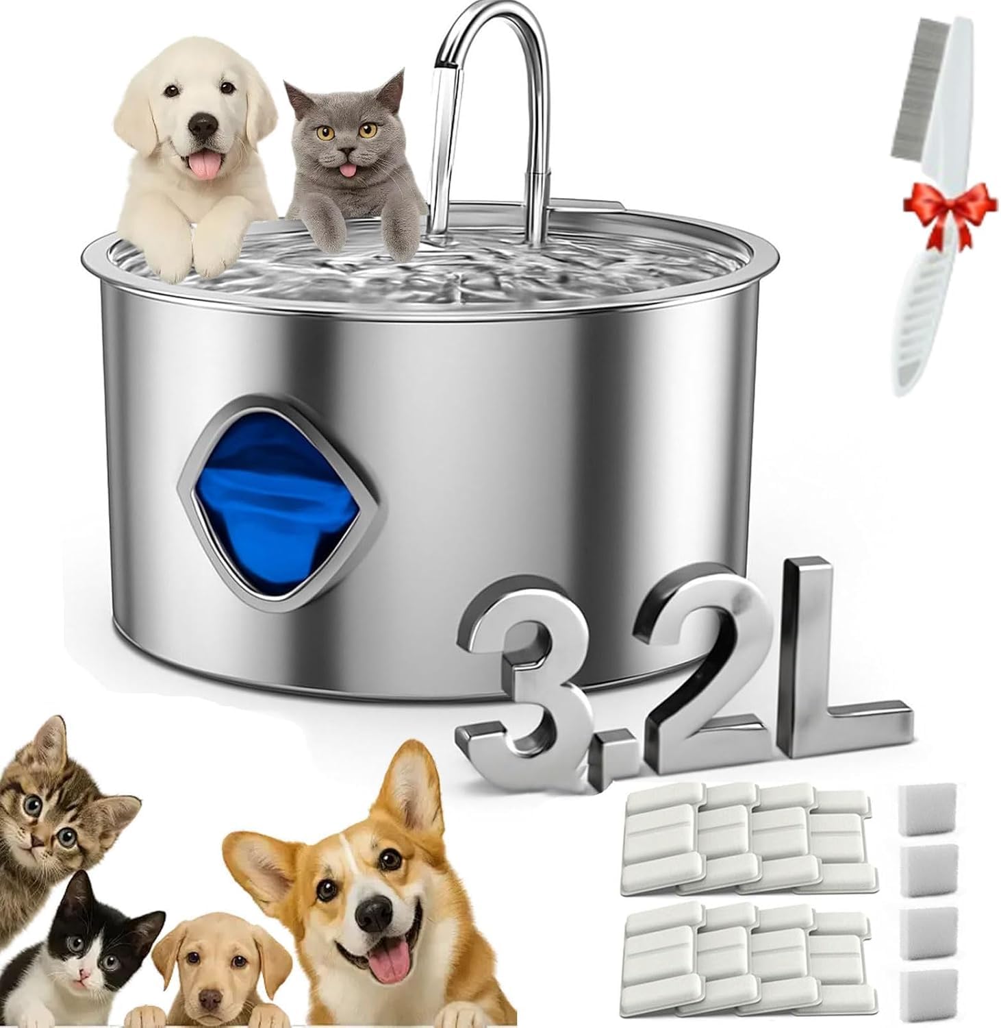 Vetiflow Hundebrunnen, 3,2-Liter-Intelligenter Trinkbrunnen, 4-stufiger Filterung | Leiser, zirkulierender Wassernapf aus Edelstahl 304 für Hunde (1pcs+Individual Filter cartridges (8+4))