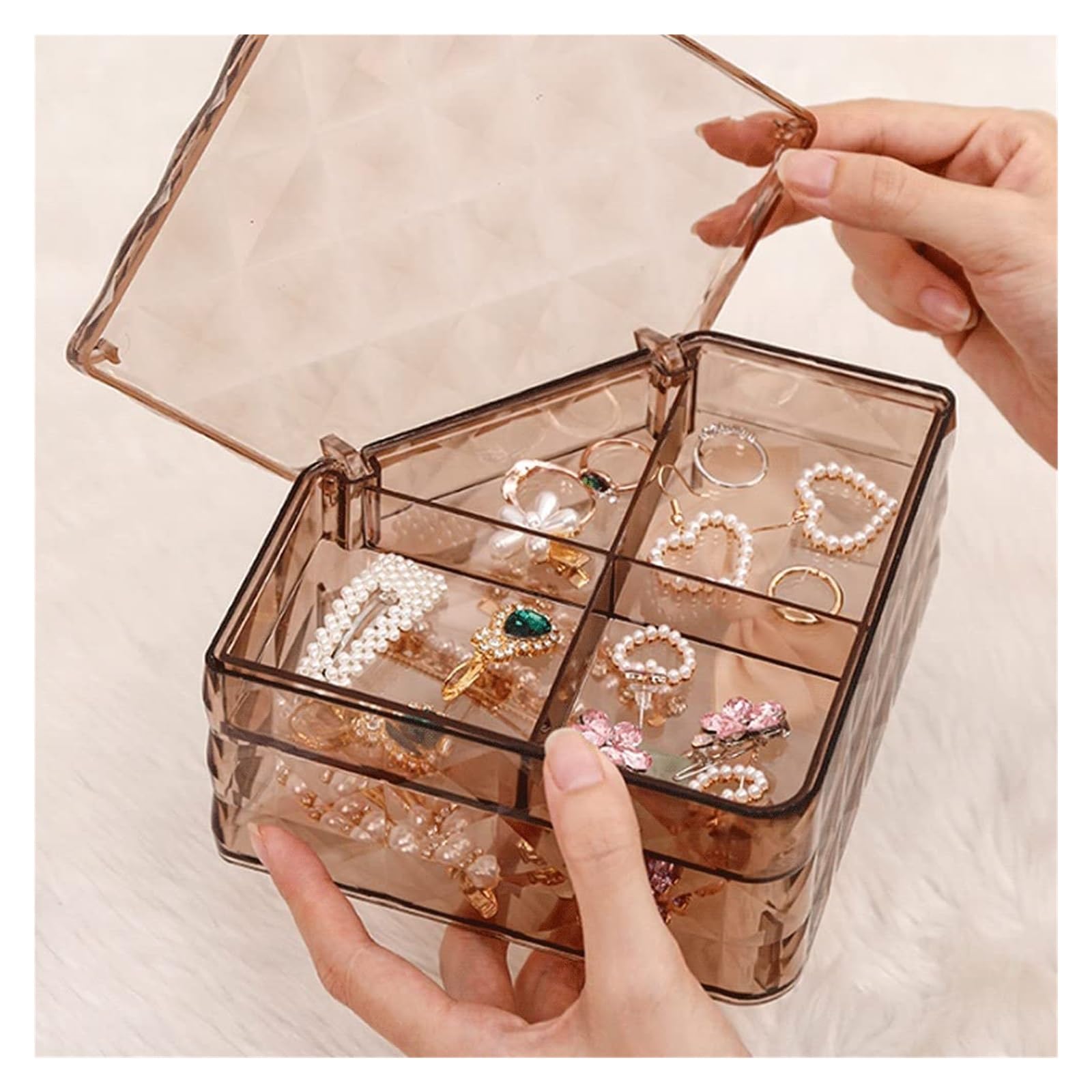 YCTTKDD Schmuckschatullen mit Rautenmuster, Schmuckaufbewahrung, Präsentationsboxen, Reise-Schmuckkästchen mit Deckel, Kunststoff-Organizer-Boxen für Damen (transparent) (transparent)