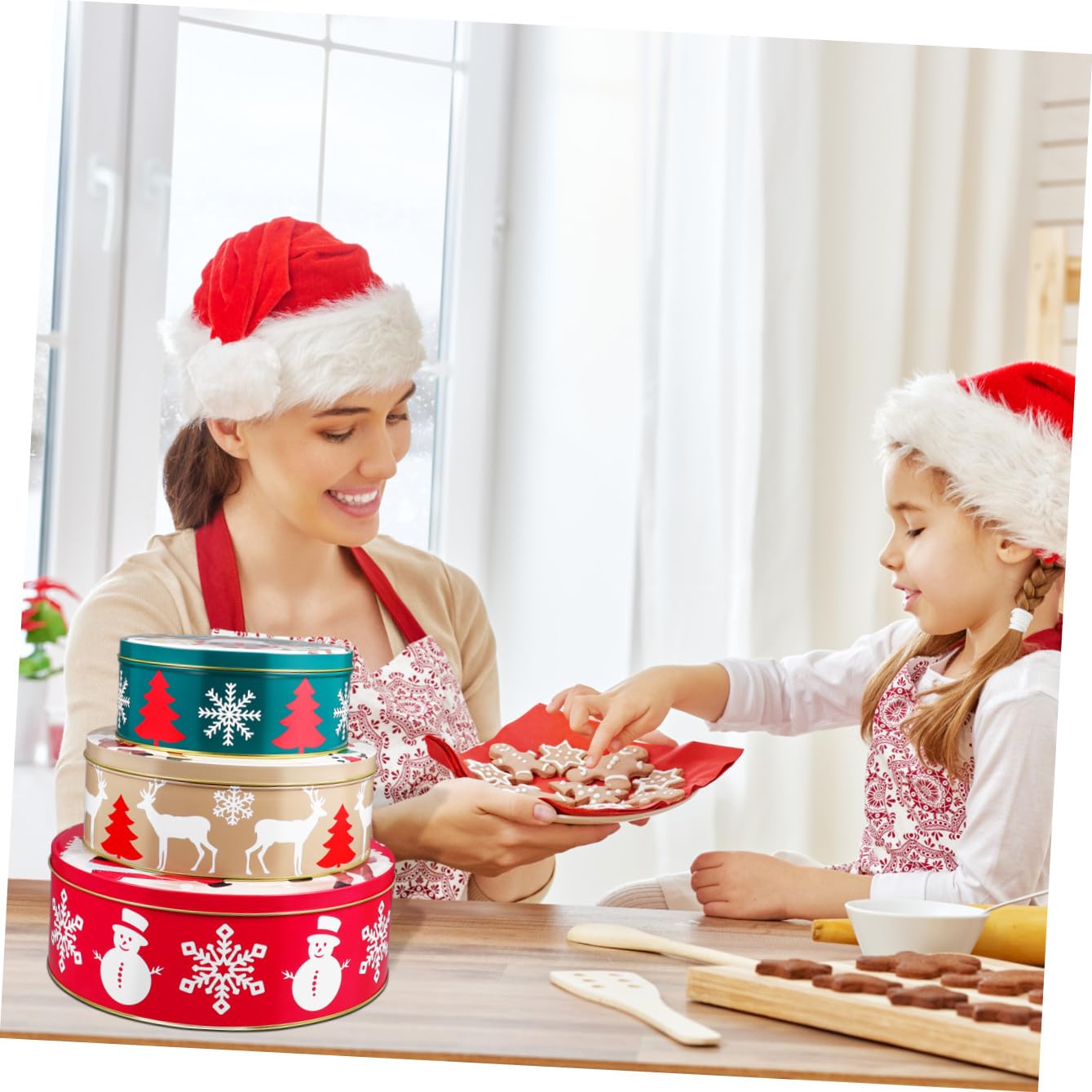 YARNOW Lot de 3 Boîtes à Biscuits de Noël Rondes en Métal avec Couvercles, pour Conserver Bonbons, Biscuits, Friandises Et Cadeaux