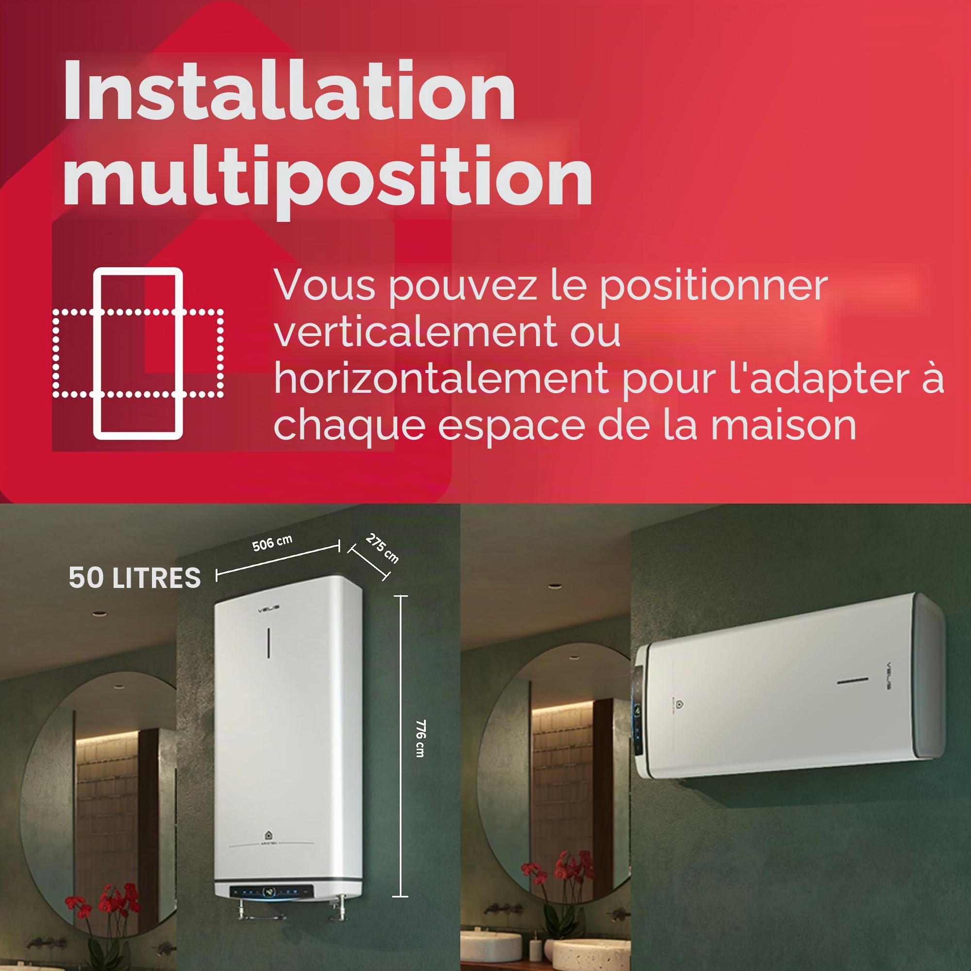 Ariston Velis Dune Chauffe-eau électrique à Double Réservoir ECOEVO, Contrôle de la Température à Distance 50L, Vertical/Horizontal 275 x 506 x 776, Chauffe-Eau Électrique à Double Réservoir ECOEVO