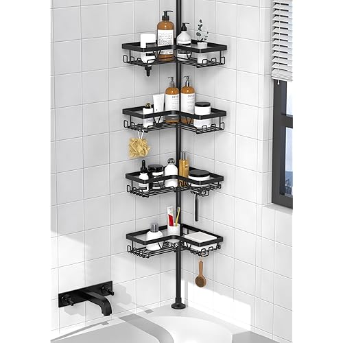 KEGII Corner Shower Caddy Tension Pole - Shower Tension Rod Organizer, Floor to Ceiling Shower Caddy 25-114.2 inch, Towel Rack Corner Waterproof, Black