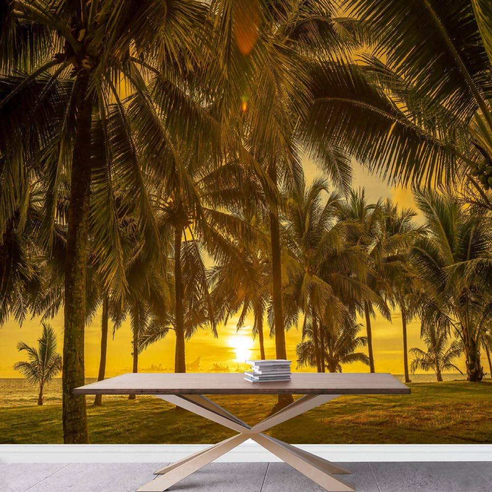 Beach Plants 3D Wall Mural Wallpaper, Ocean Sunset Photo Print Wallpaper, Panoramic Peel and Stick Mural for Living Room Bedroom Study TV Background Decor-48 W x 36" H