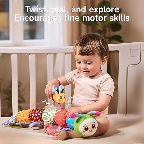Miniatura 7 de TUMAMA Juguetes para bebés de 0, 3, 6, 9, 12 meses, juguetes sensoriales de oruga, juguetes suaves de actividad de animales de peluche con mordedor,