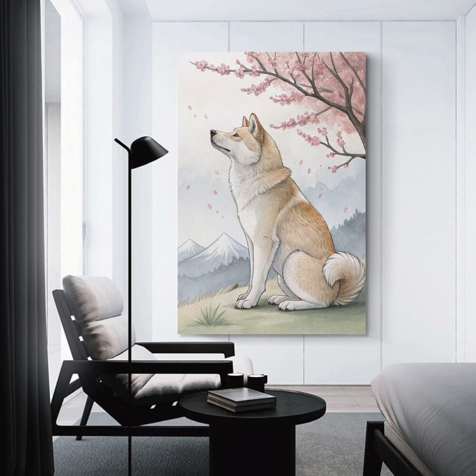 Junmoney Canvas Wall Decor Akita Dog Under Cherry Blossoms, 24x36inch(60x90cm), for Bedroom Decor, Cosy Corners Or Studios, Decorative Wall Art for Cosy Rooms