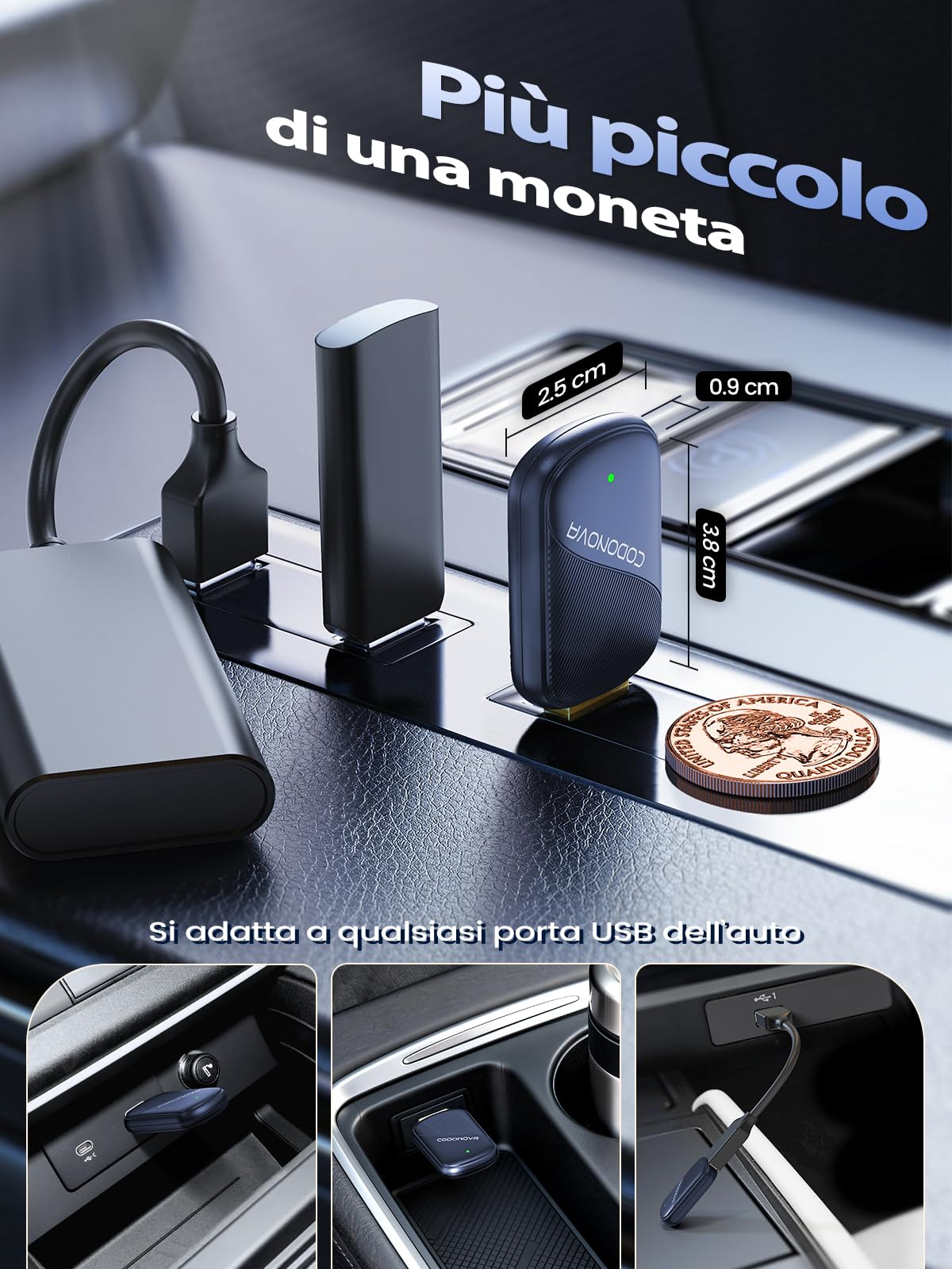 Mini Adattatore CarPlay Wireless per Apple CarPlay e Android Auto, Convertitore CarPlay Cablato, USB A/C in Metallo, per iPhone iOS 10+ e Android 10+, per Viaggi Lunghi e Uso Quotidiano, Blu