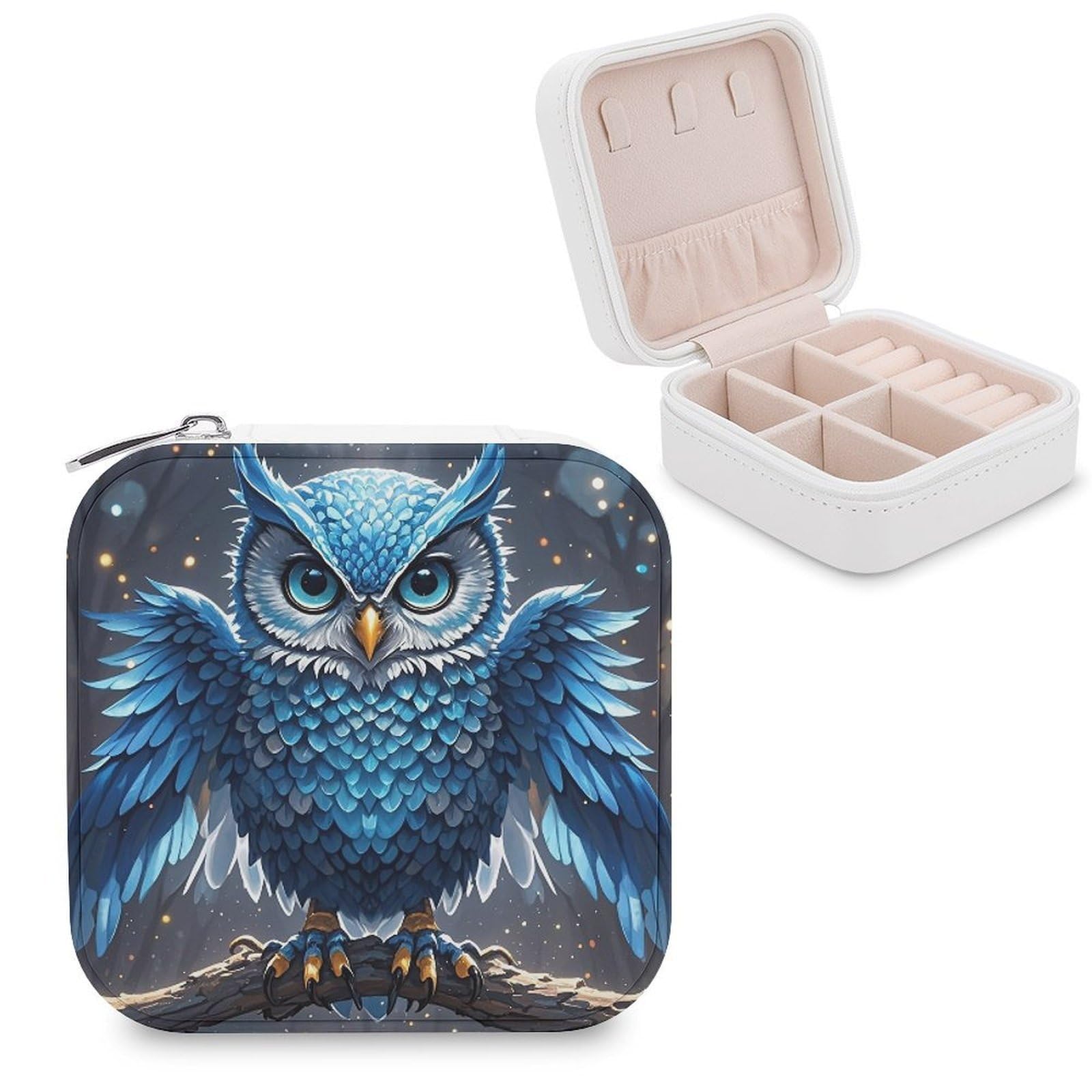 LZQPOEAS Blue Owl Jewelry Box Mini Jewelry Travel Case Trendy Stuff Ring Box Custom PU Leather Jewelry Boxes Portable Jewelry Case Earring Storage Organizer for Girls Women