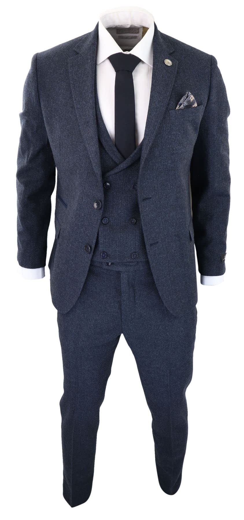 Truclothing Men's Navy 3 Piece Tweed Suit Blue Herringbone Double Waistcoat Classic Vintage Shelby 1920S - 52