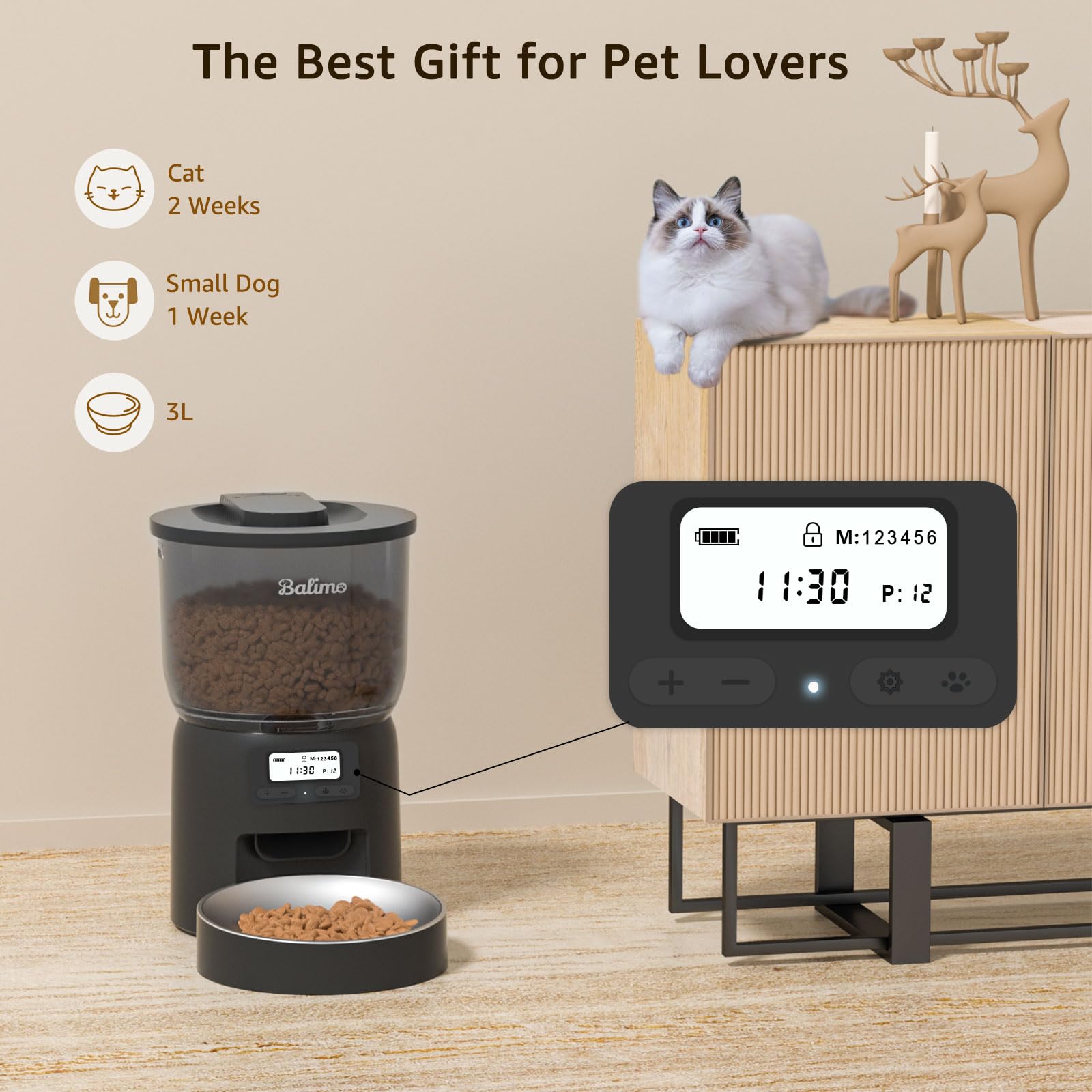Balimo Distributore Automatico Cibo Gatti, 3L Dispenser Crocchette Gatto, Distributore Cibo Gatticon Timer Programmabile, 1-6 Pasti al Giorno, Adatto Per Cani e Gatti, Nero