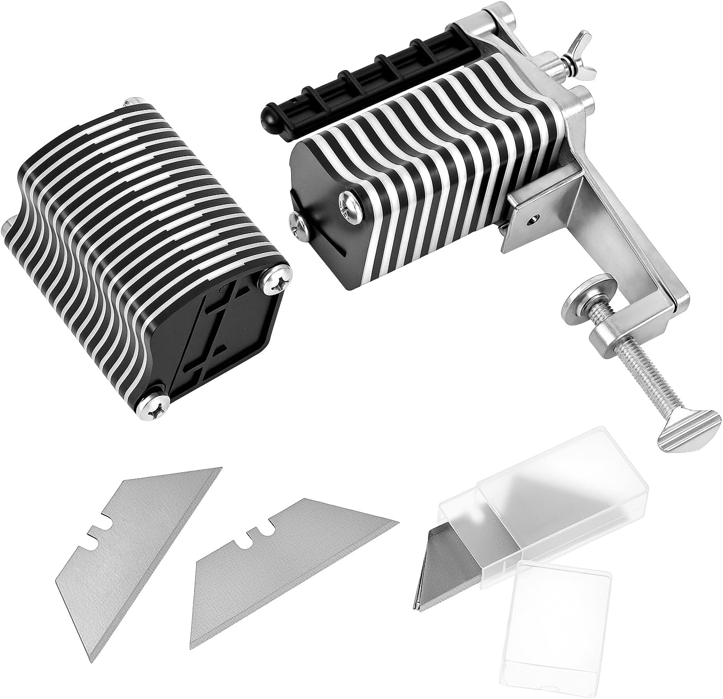 QWORK Leather Table Top Lace Cutter – Manual Fringe, Braiding Strip Belts, and Laces Cutting Tool with 5 Replaceable Cutter for Leather Lacing/Strap Cutter