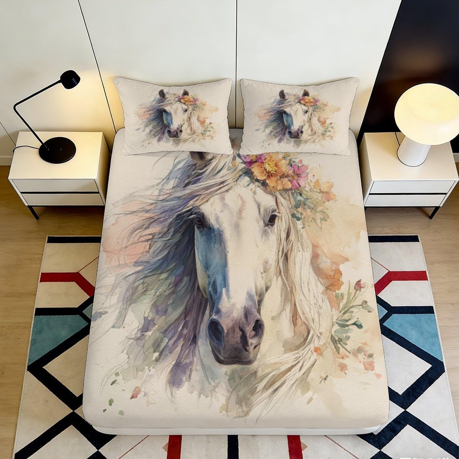 3D Printed Watercolor Horse Fitted Sheet Microfiber Soft Bed Cover Artistic Animal Pattern for Bedroom Guest Room 90x200x25cm