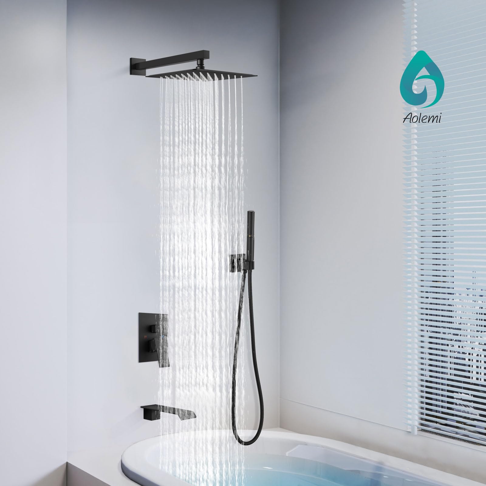 Système de Douche Pommeau de Douche Noir Mat avec Baignoire et Robinet combinés complets de 10 po à Montage Mural avec pommeau de Douche à Main et Cascade 2 en 1, Robinet Grossier