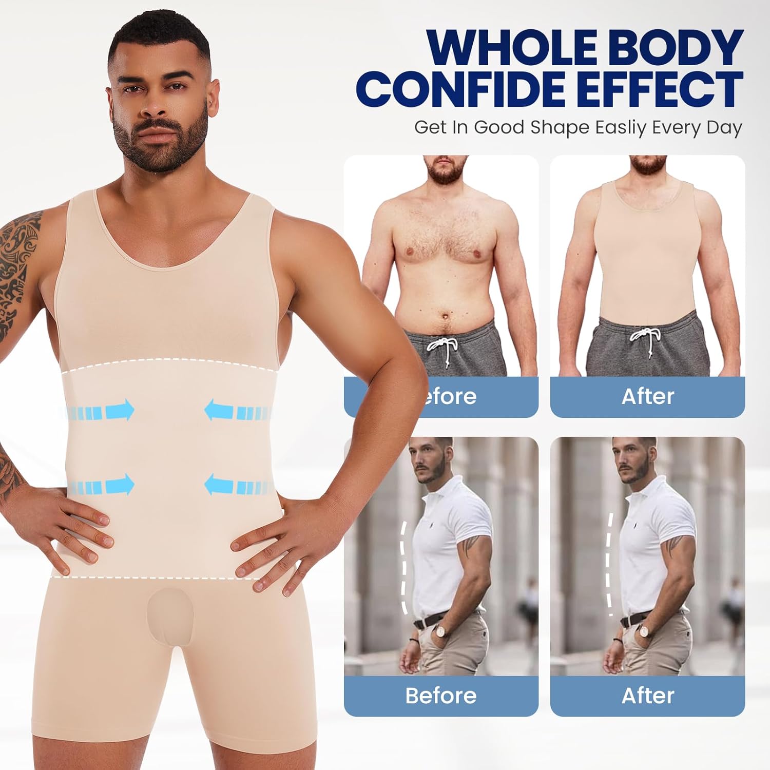 Mens Full Body Shaper Slimming Compression Bodysuit Shapewear Thigh Slimmer Tummy Control Fajas Para Hombres - Image 4