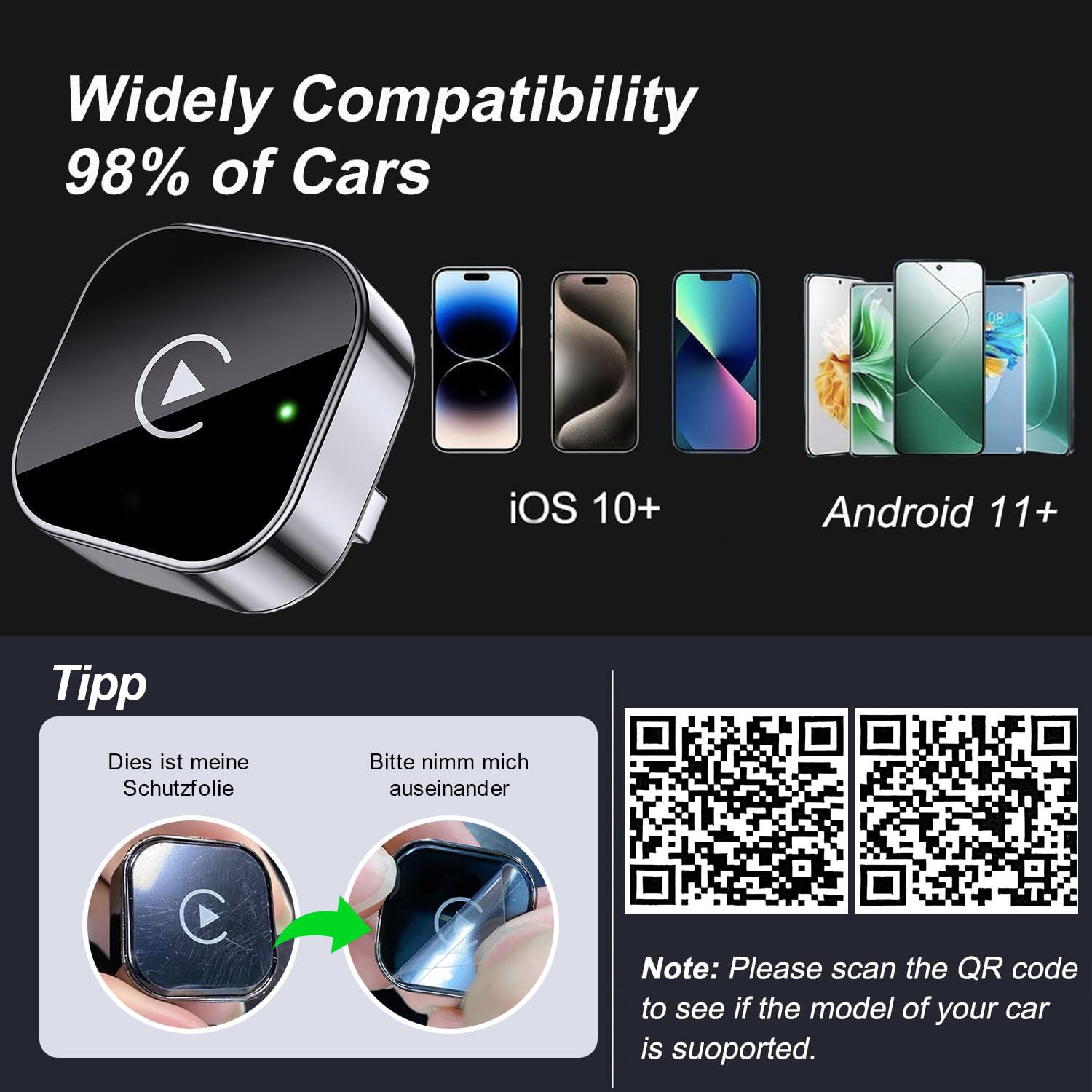 Adapter CarPlay Bezprzewodowy 2025 (2-w-1) - Bluetooth Przekształca Kablowe na Bezprzewodowy CarPlay dla iPhone/Android. Plug & Play, Aktualizacja OTA, Brak Opóźnień.
