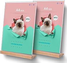 2 x A4 Acrylic Table Display Stands with Wooden Base, Clear Acrylic Menu Holder Table Stands, L-Shaped Stand for Wedding, Bar, Office, Restaurant, Cafe, 29.7 x 21 cm
