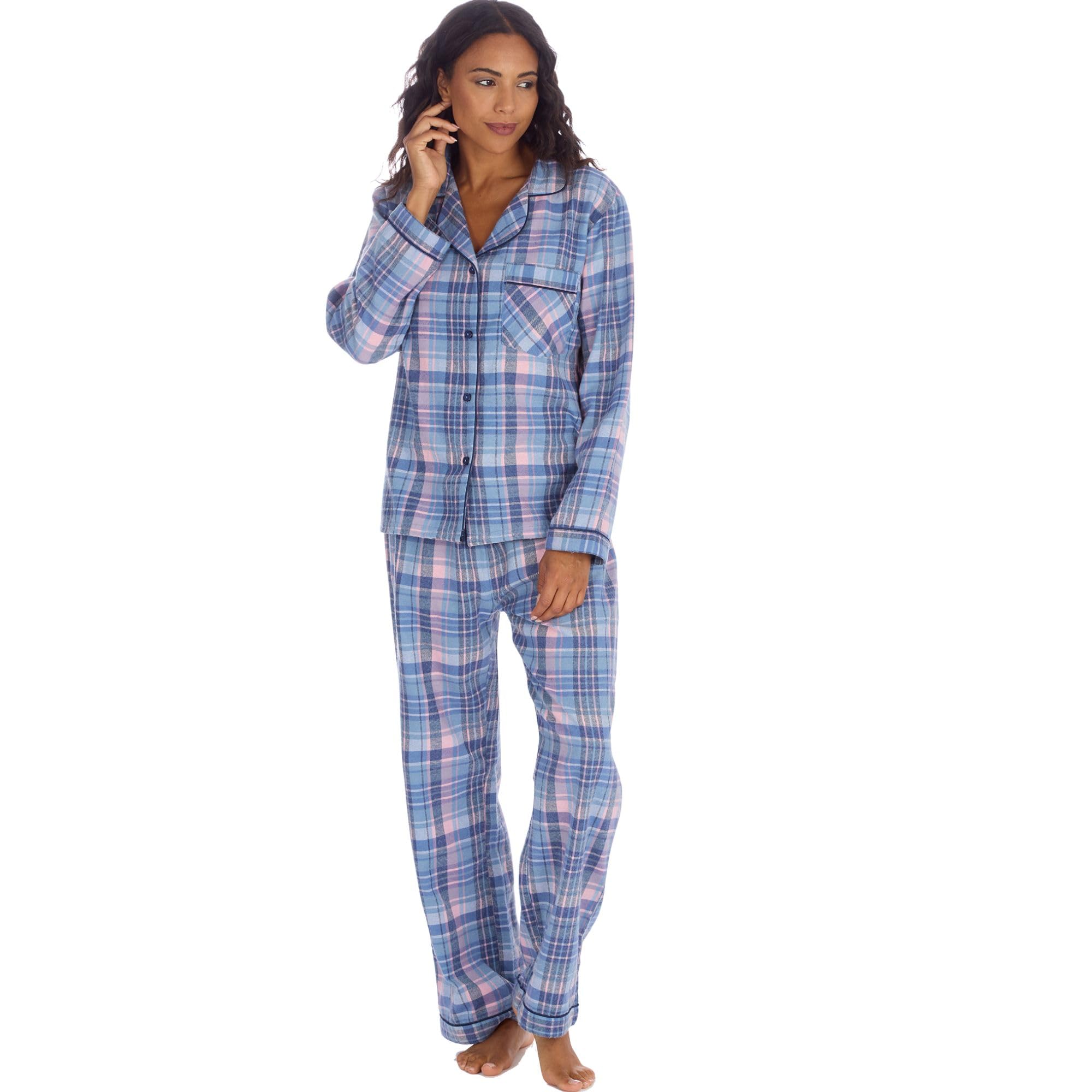 Metzuyan WS-AW25 Womens Longline Checked Pyjama Set Brushed Cotton Blend Flannel Long Sleeve Pyjamas Denim Size Large