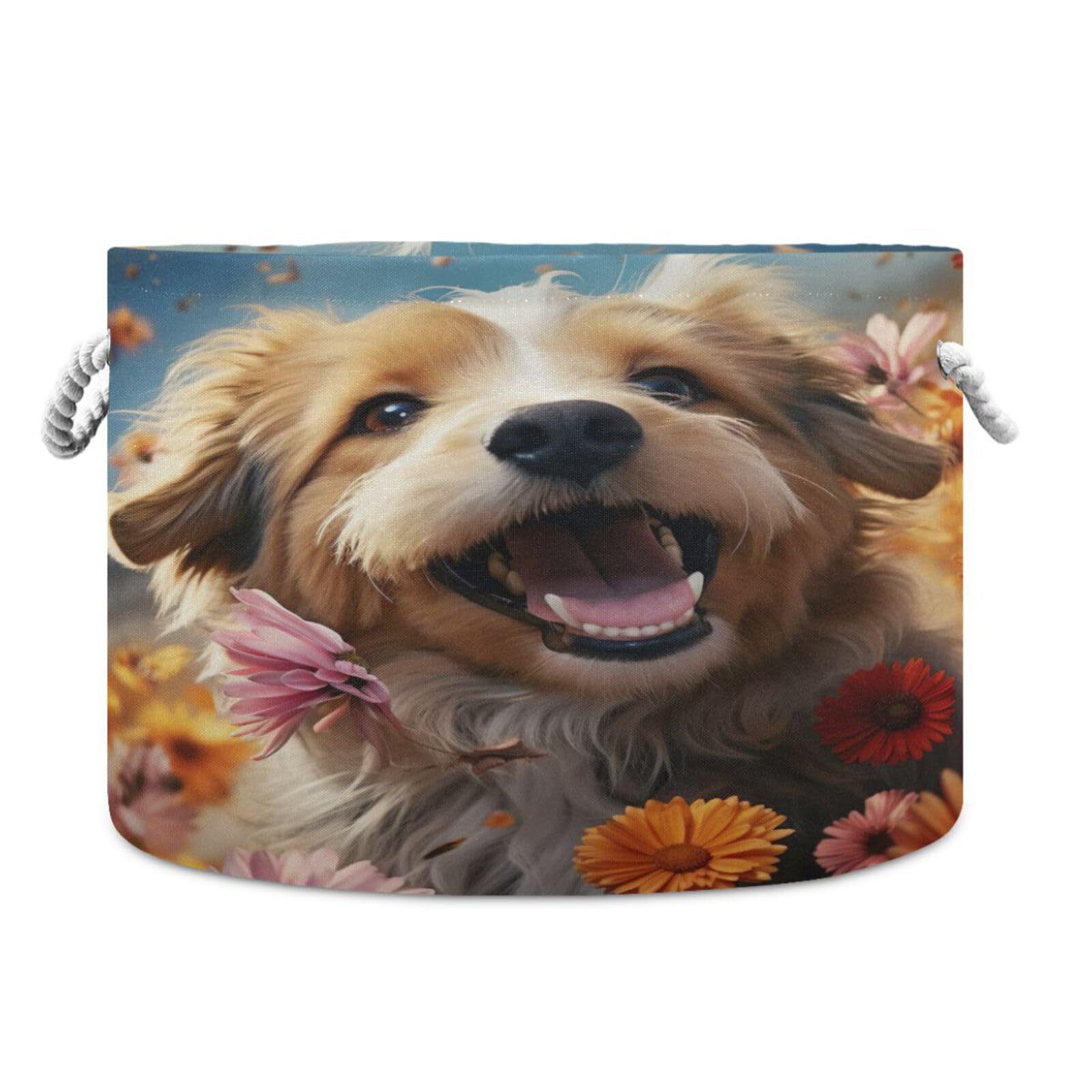 Round Cute Puppy Dog Butterfly Flower Storage Basket Large Organizer Bin Laundry Hamper Toy Storage Basket with Handle for Nursery Clothes Toys 202b4960