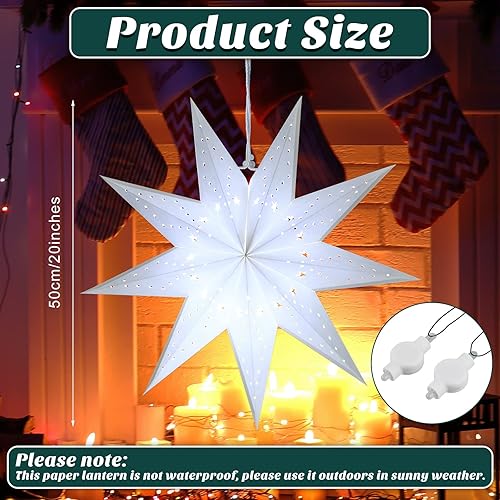 Miniatura 2 de Kingdder Farol de papel de estrella de Navidad de 20 pulgadas con 2 luces LED, decoración decorativa para colgar en el hogar, lámpara blanca hueca