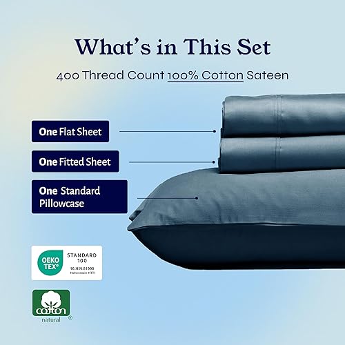 Vista 113 de Juego de sábanas de 400 hilos y 6 piezas, tamaño King, con 4 fundas de almohada, ropa de cama de 100 % algodón con tejido satinado, color azul 12