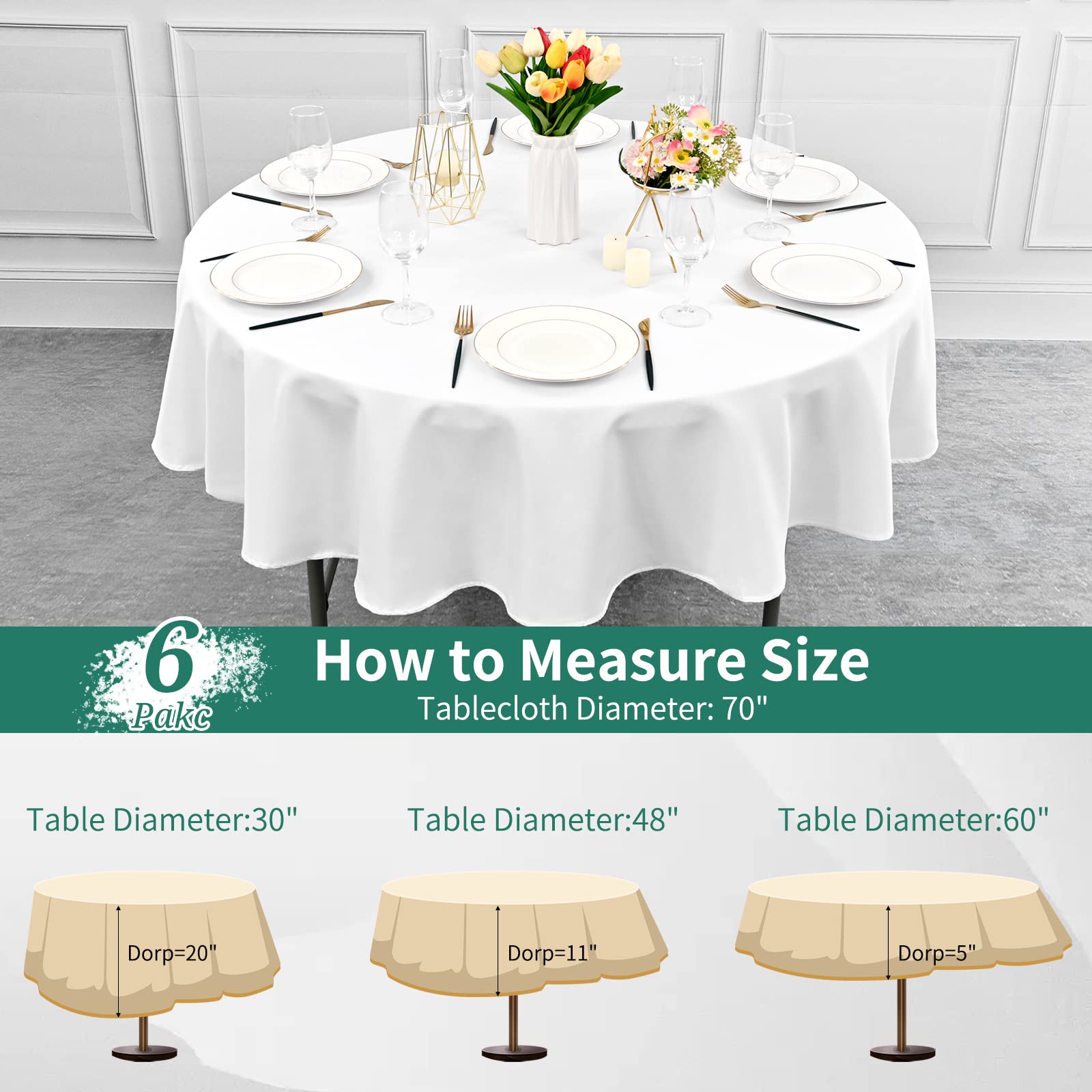 fani 6 Pack Round Polyester Tablecloth - 70 inch White Waterproof Table Cloth fit Round Table, Stain and Wrinkle Resistant Washable Fabric Circular Table Cover for Weddings Banquets or Restaurants