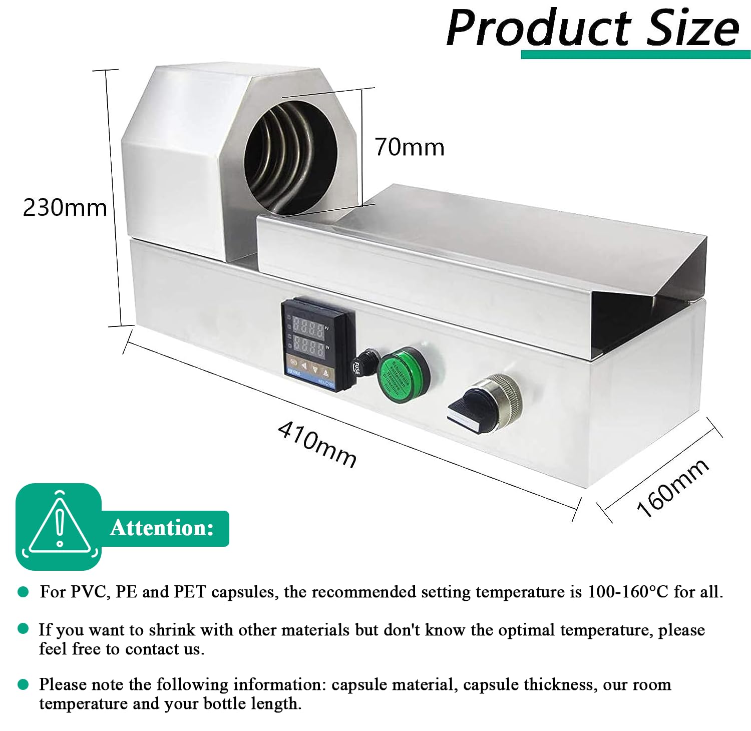 YJINGRUI Shrinker per capsule in PVC 1000 W Display digitale termostatico tappo di bottiglia di vino involucro termorestringente macchina 500 ℃ per diametro massimo 70 mm capsule in PVC
